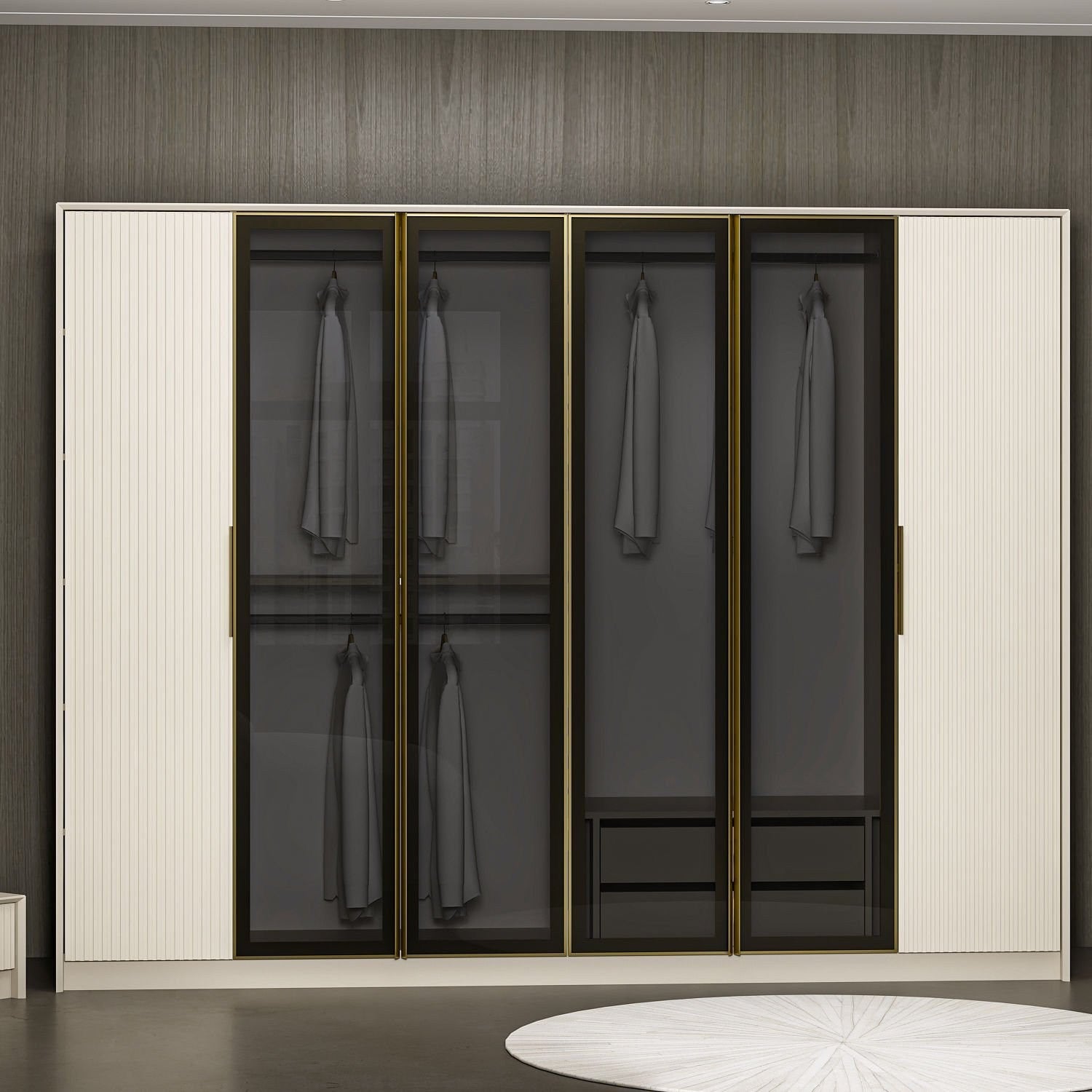 Guarda-roupa elegante – 274 cm x 210 cm x 52 cm – Branco, Dourado, Fumaça – MDF revestido em melamina
