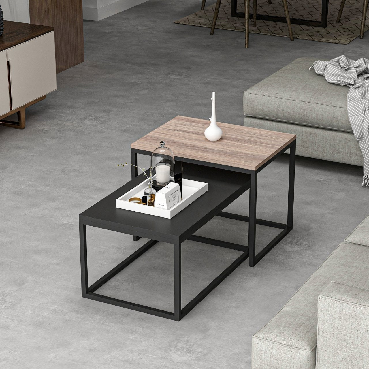 Mesa de Centro – 72x37x45 cm, 60x47x45 cm – Preto – Aglomerado Revestido em Melamina
