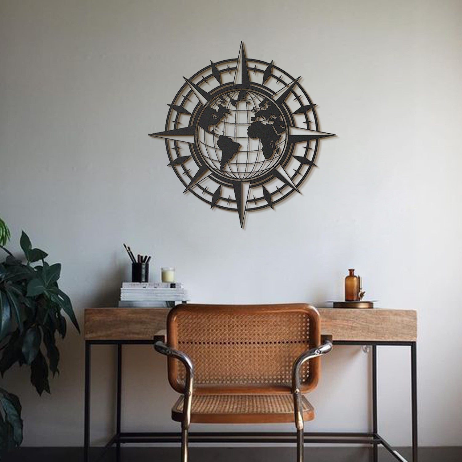 Mapa‑Múndi em Aço Preto 70x70 cm – Acessório Decorativo de Parede