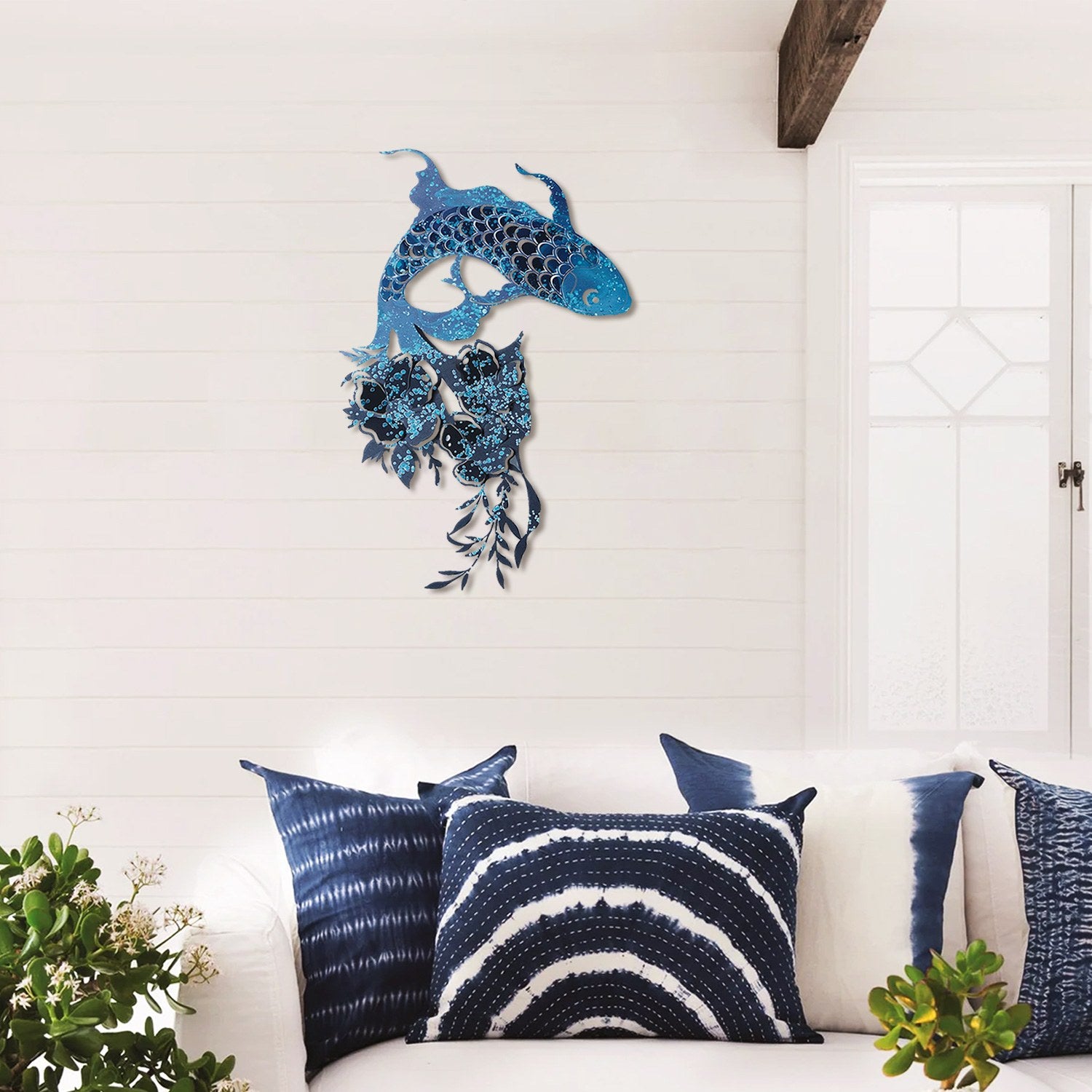 Carpa Koi Azul em Aço 100% (1,2 mm) – Acessório Decorativo de Parede 58x87 cm