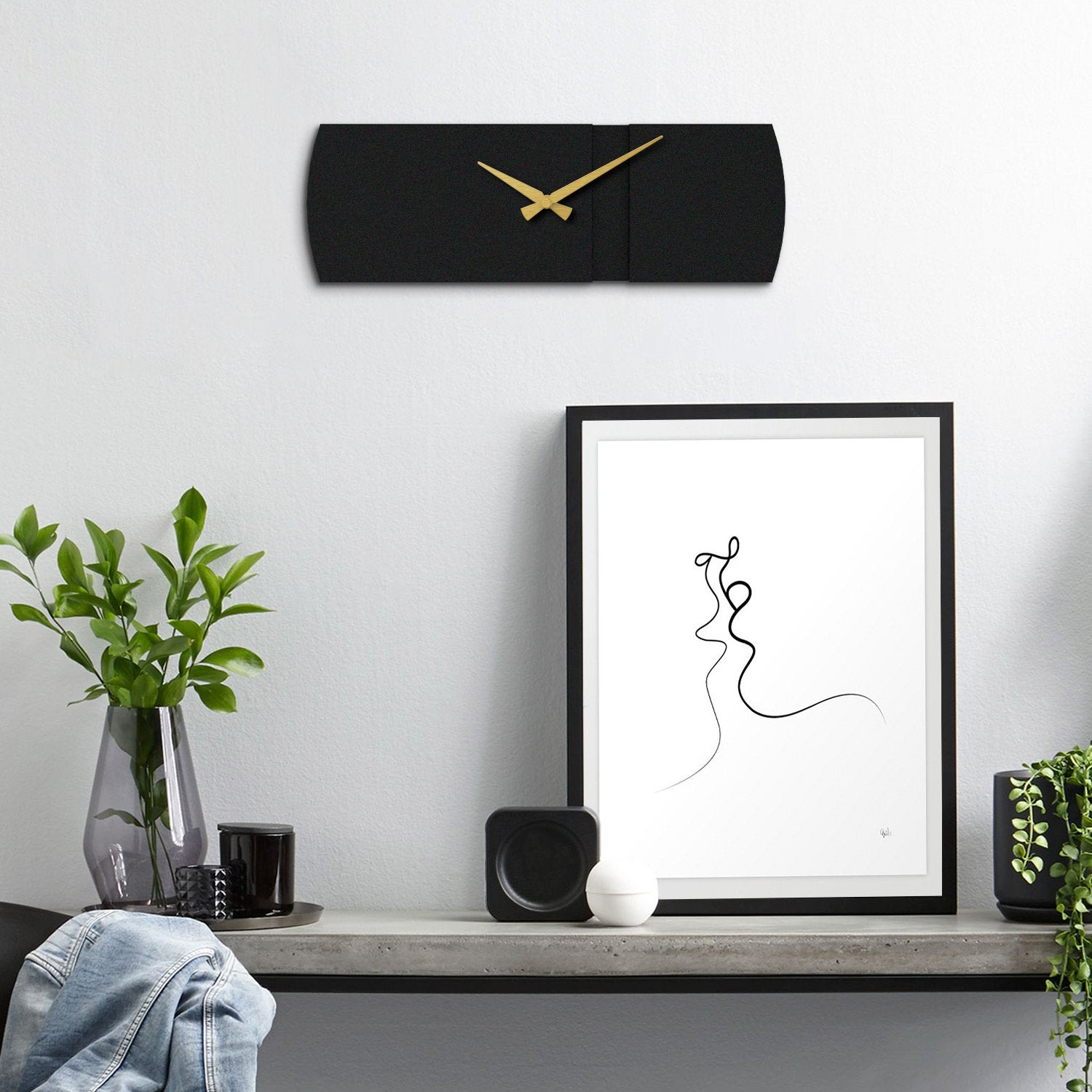 Relógio de Parede Origami em Metal – Preto e Dourado, Silencioso (varrimento contínuo), 100% Aço 1,2 mm, 16x49 cm