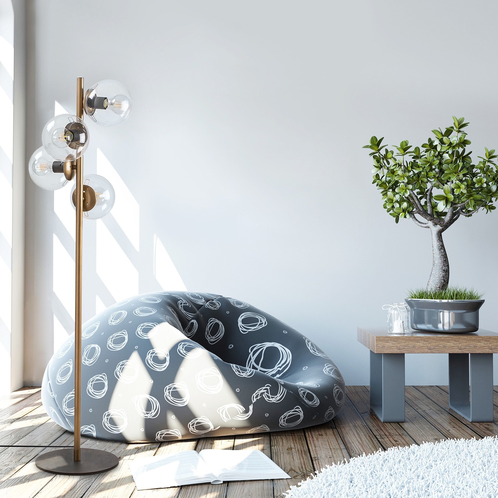 Candeeiro de Pé escandinava, corpo em metal dourado, 130 cm de altura, base de 32 x 32 cm, 4 soquetes E27, design elegante para decoração moderna, classificação IP20