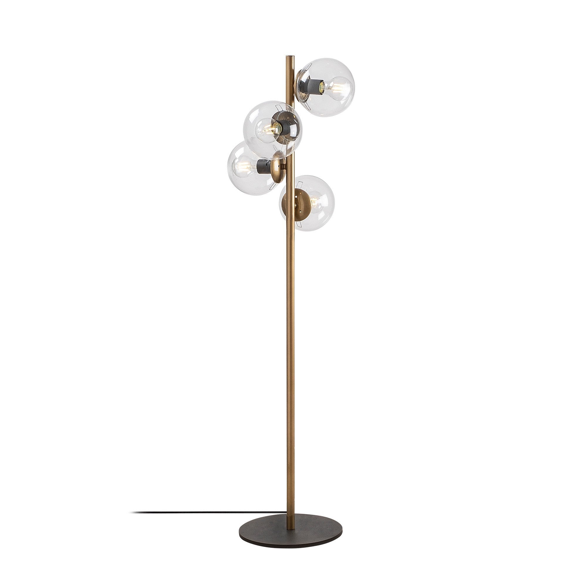 Candeeiro de Pé escandinava, corpo em metal dourado, 130 cm de altura, base de 32 x 32 cm, 4 soquetes E27, design elegante para decoração moderna, classificação IP20