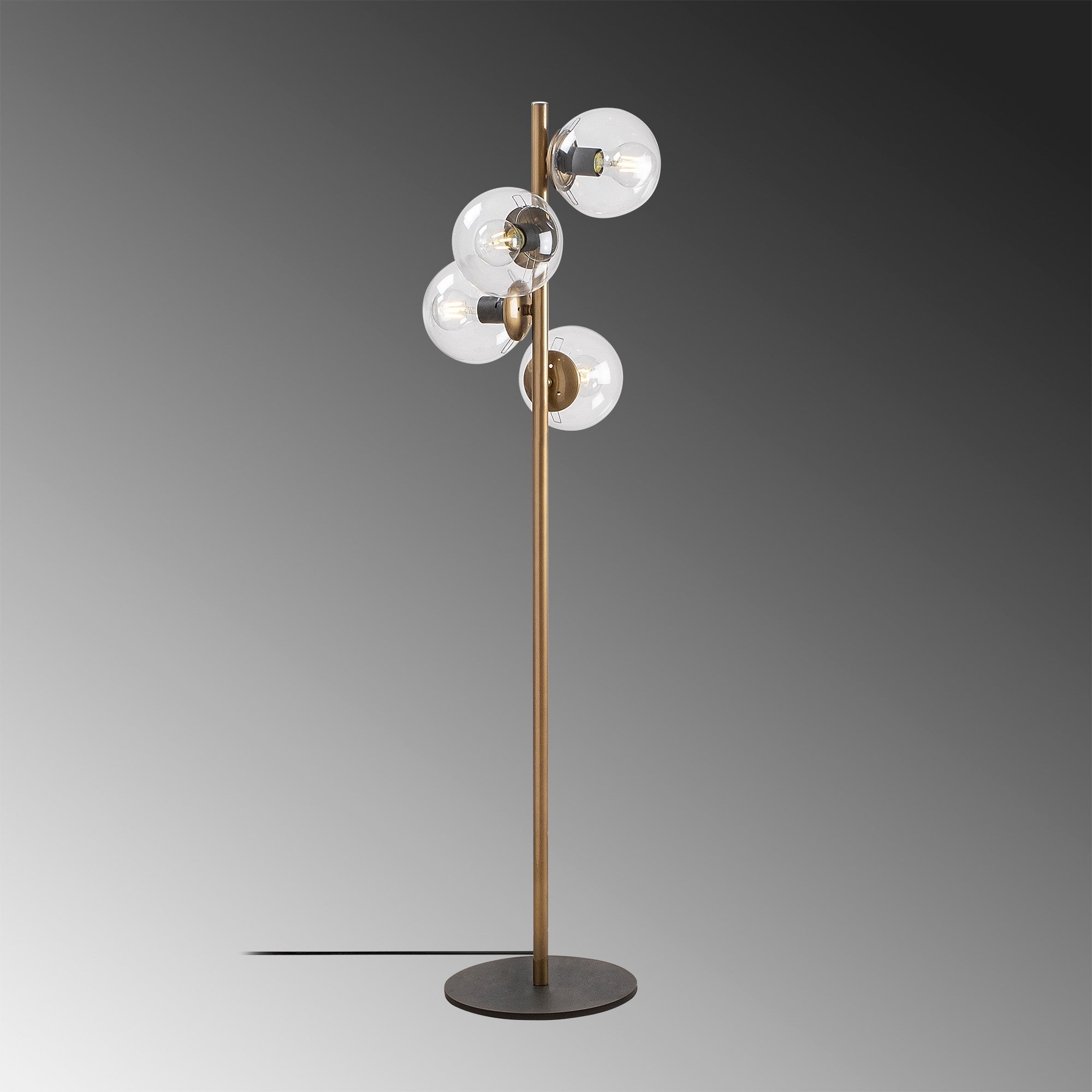 Candeeiro de Pé escandinava, corpo em metal dourado, 130 cm de altura, base de 32 x 32 cm, 4 soquetes E27, design elegante para decoração moderna, classificação IP20
