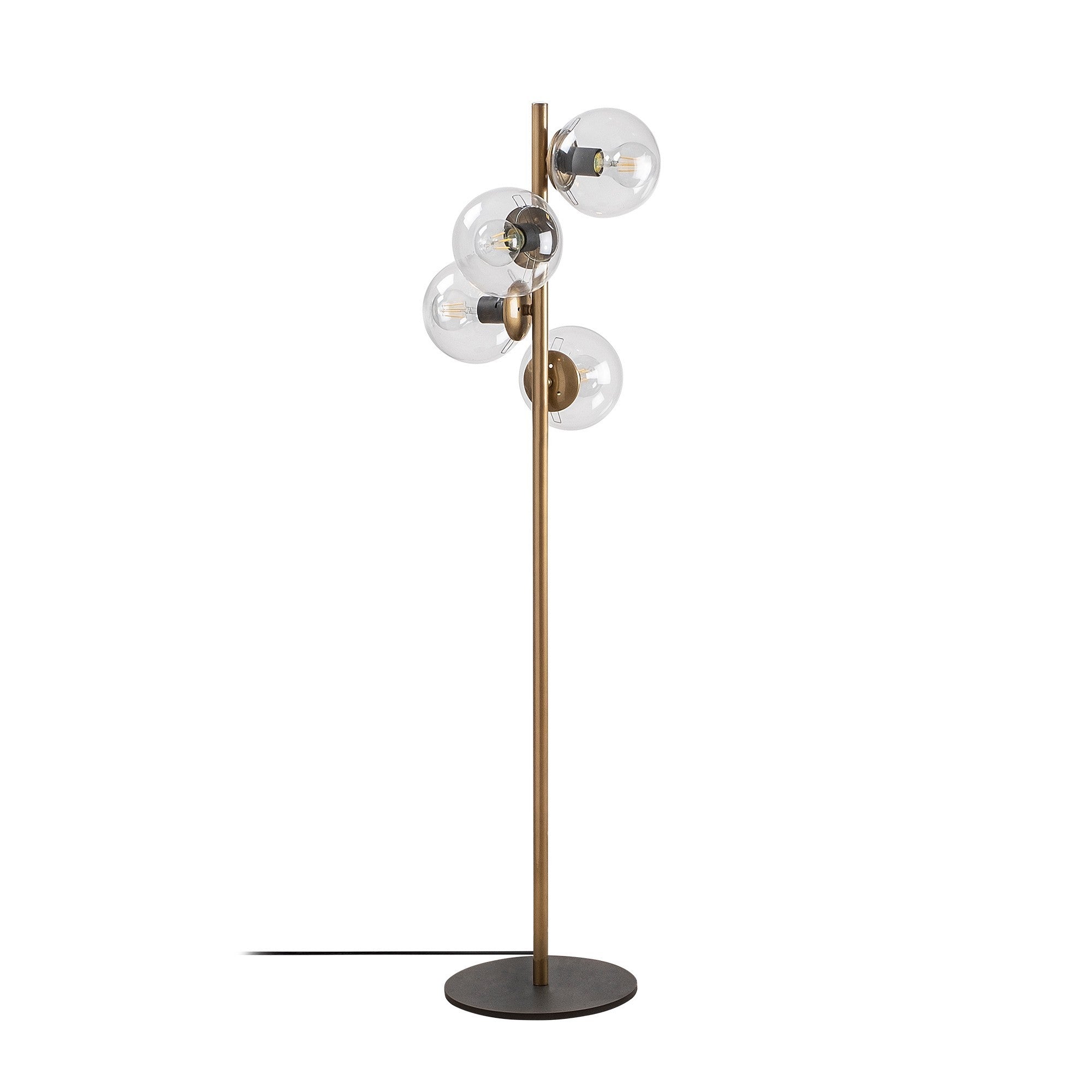 Candeeiro de Pé escandinava, corpo em metal dourado, 130 cm de altura, base de 32 x 32 cm, 4 soquetes E27, design elegante para decoração moderna, classificação IP20