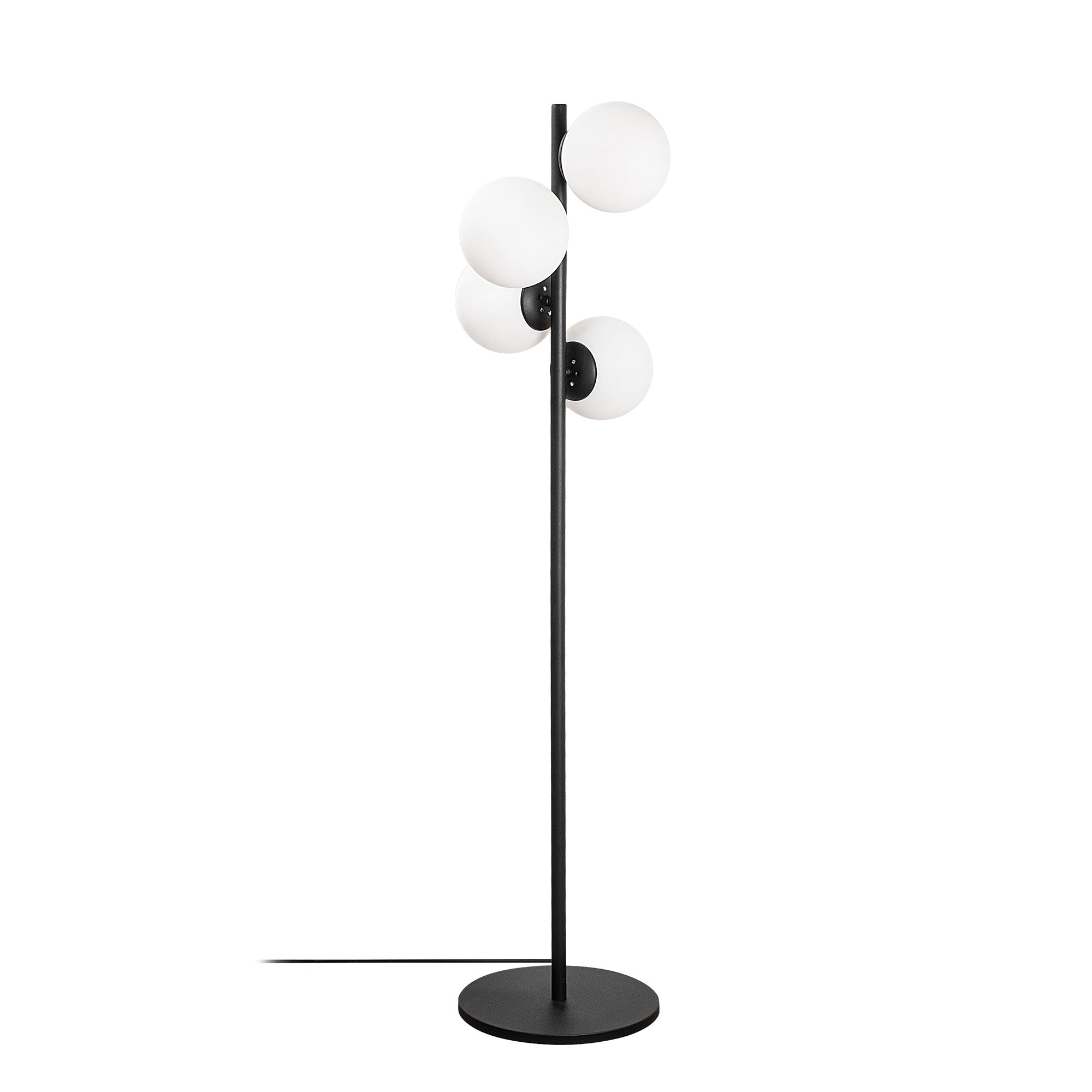 Candeeiro de Pé industrial escandinava, corpo de metal preto, altura de 130 cm, base de 32 x 32 cm, soquetes 4 x E27, cabo de 350 cm, iluminação elegante e funcional