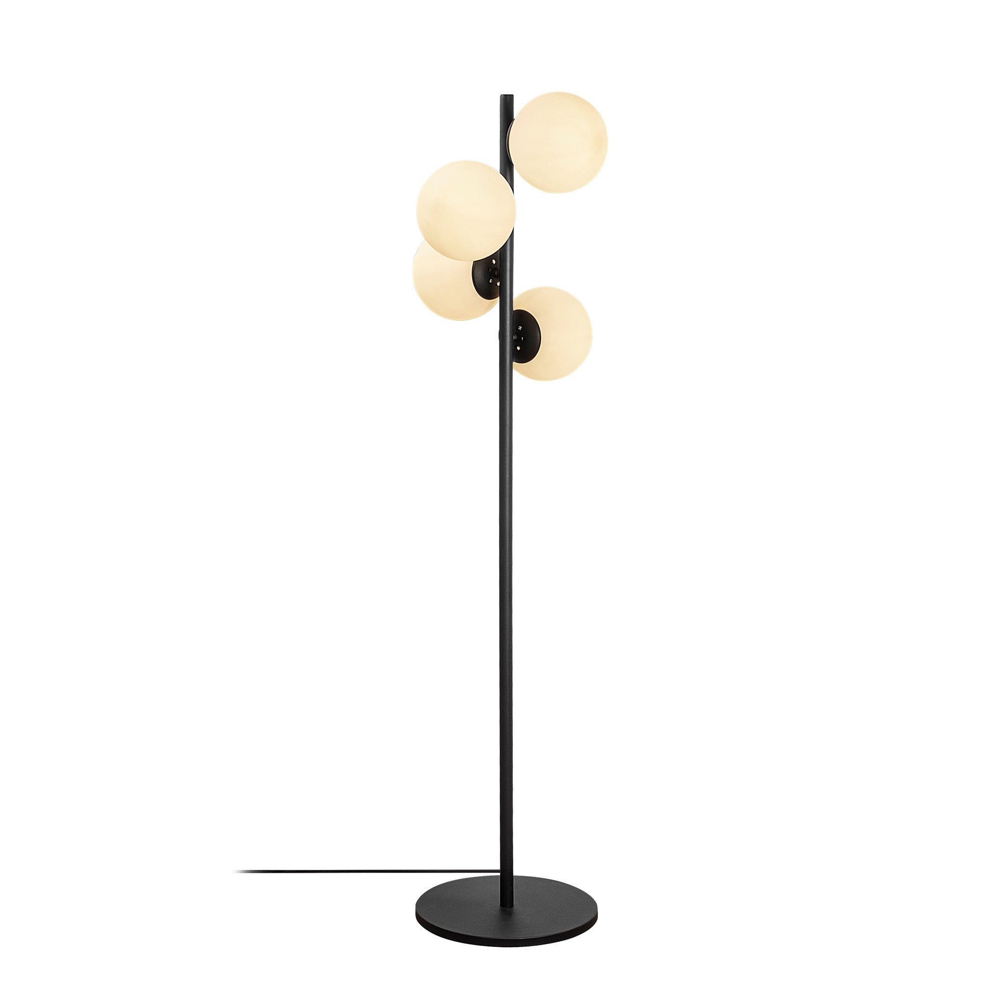 Candeeiro de Pé industrial escandinava, corpo de metal preto, altura de 130 cm, base de 32 x 32 cm, soquetes 4 x E27, cabo de 350 cm, iluminação elegante e funcional