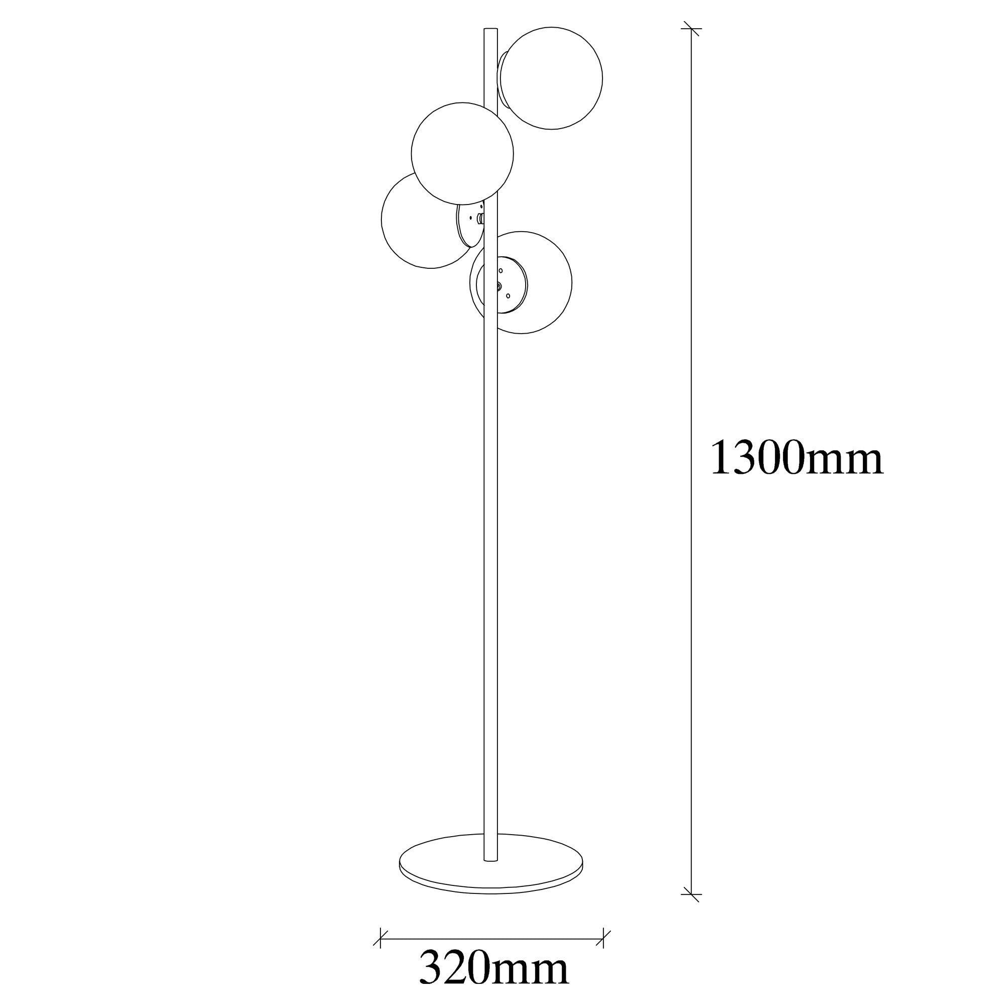Candeeiro de Pé industrial escandinava, corpo de metal preto, altura de 130 cm, base de 32 x 32 cm, soquetes 4 x E27, cabo de 350 cm, iluminação elegante e funcional