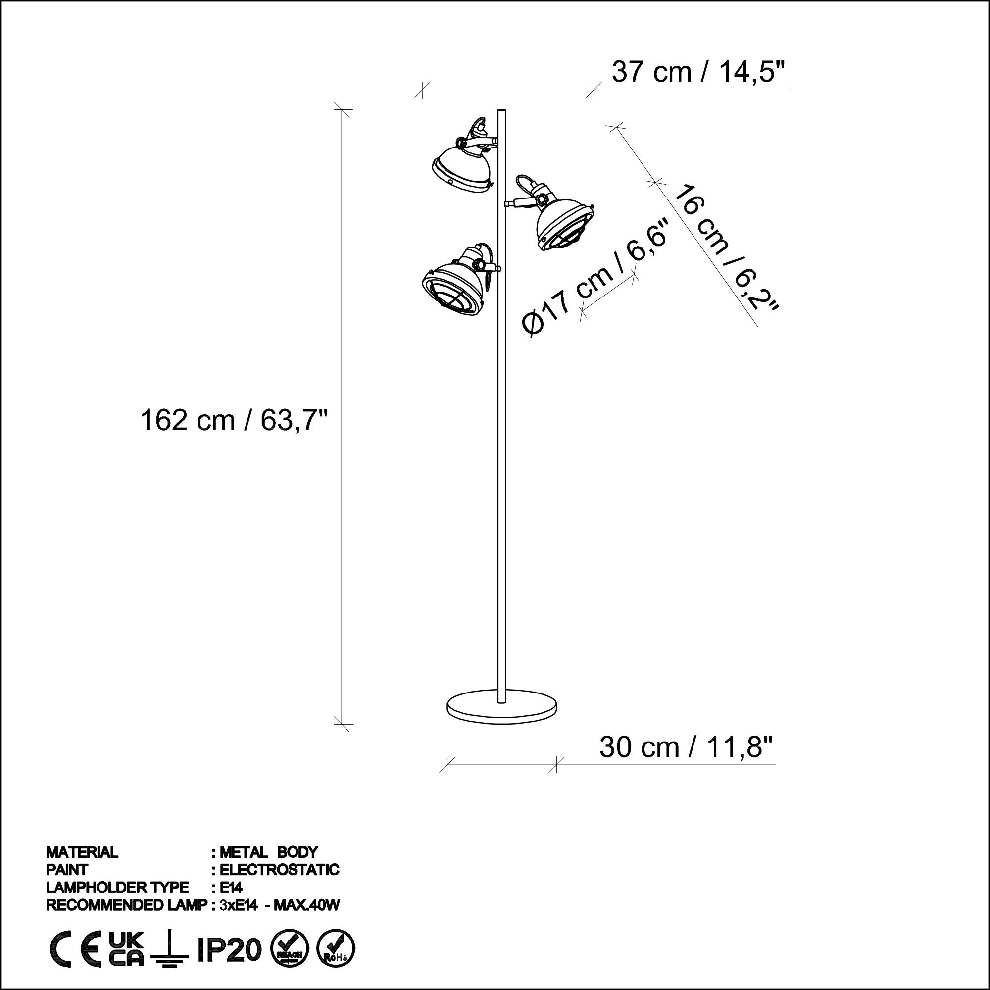 Candeeiro de Pé Elegante Dourada, Corpo em Metal, 37 x 37 x 162 cm | Base Ø30, Cabo de 250 cm, Interruptor Liga/Desliga | Iluminação Elegante para Decoração Moderna, IP20