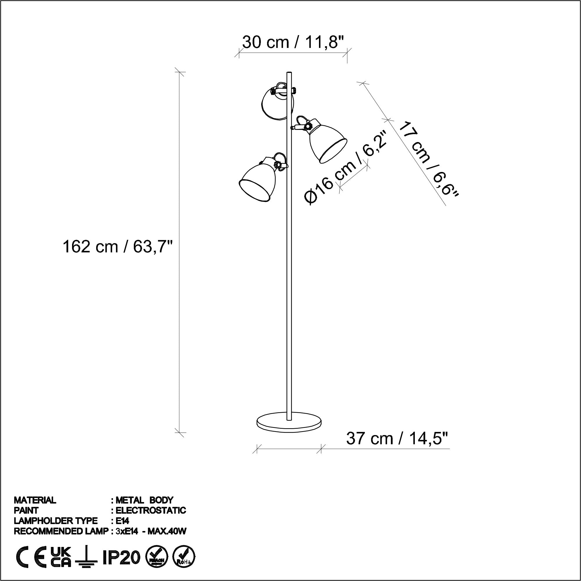 Candeeiro de Pé Elegante Dourada, Corpo em Metal, 37 x 37 x 162 cm | Abajur de Ø16 cm, Cabo de 250 cm, Interruptor Liga/Desliga | Iluminação Elegante para Decoração Moderna, IP20