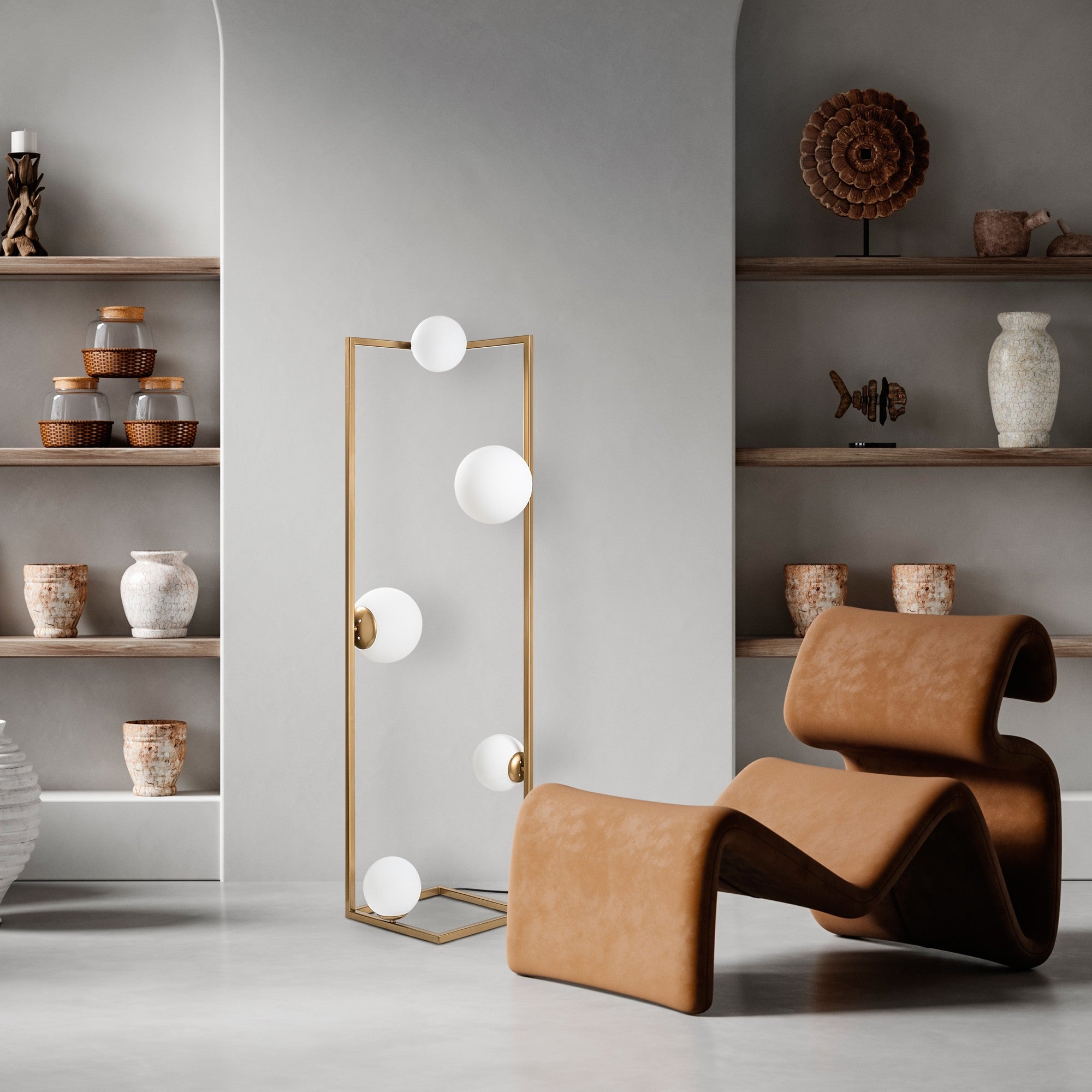 Candeeiro de Pé Elegante Dourada, Corpo em Metal, 35 x 35 x 157 cm | 2 Soquetes E27 e 3 Soquetes E14, Cabo de 250 cm, Interruptor Liga/Desliga | Iluminação Elegante para Espaços Modernos