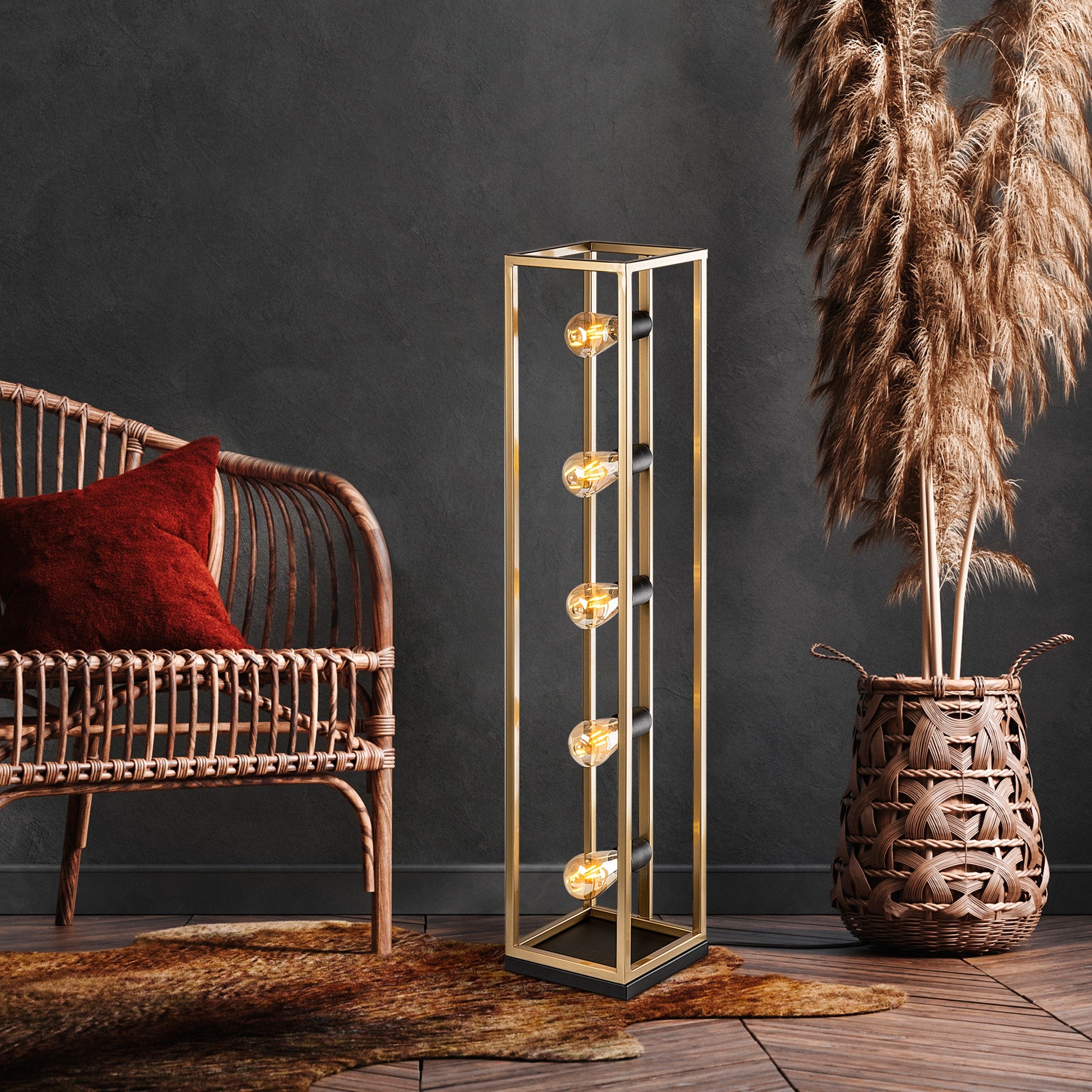 Candeeiro de Pé elegante dourada, corpo de metal, 21 x 21 x 102 cm | Cabo de 250 cm, interruptor liga/desliga | 5 x E27 máx. 40 W, iluminação elegante para espaços modernos