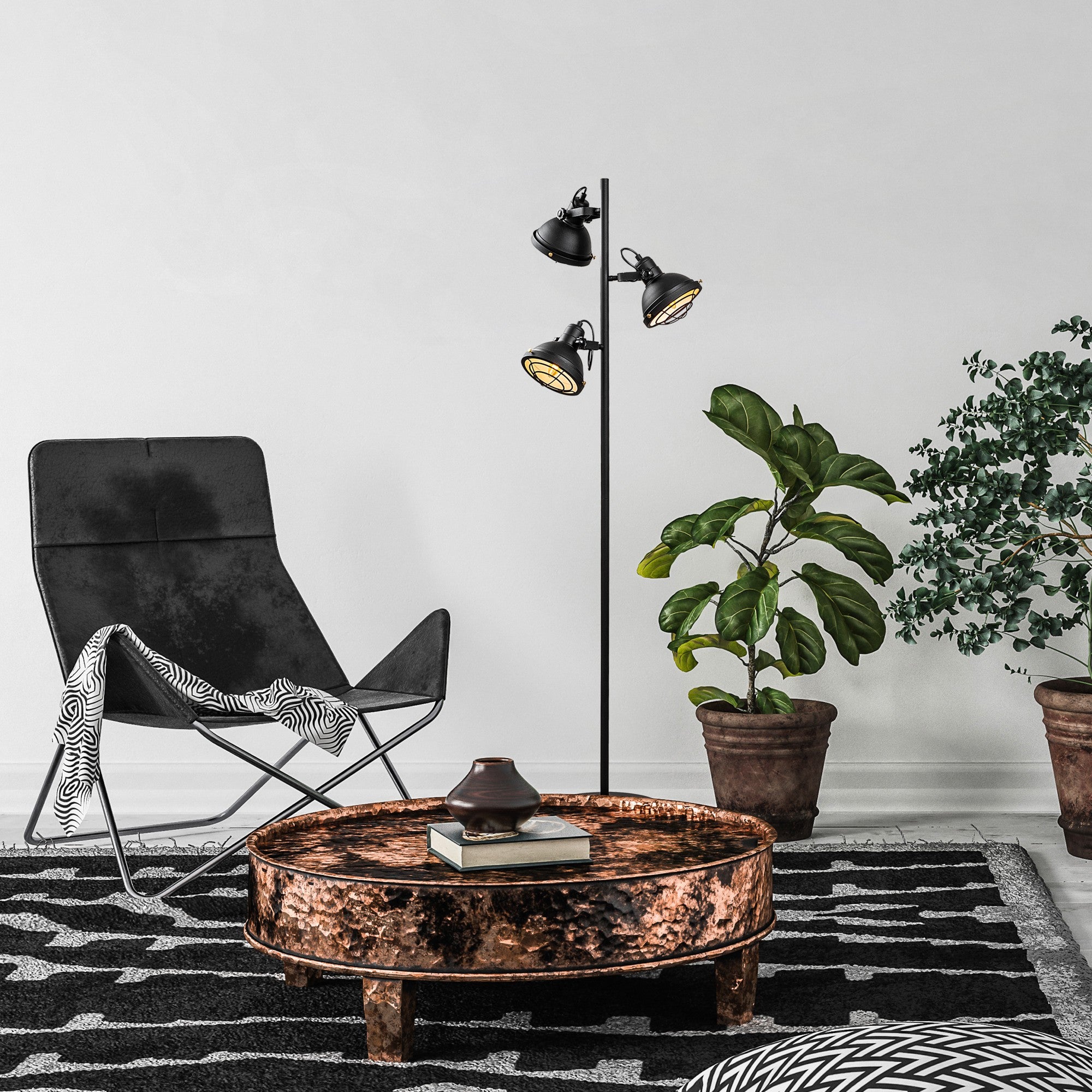 Candeeiro de Pé elegante preta, corpo de metal, 37 x 37 x 162 cm | Base Ø30, cabo de 250 cm, interruptor liga/desliga | Ideal para salas de estar e quartos modernos