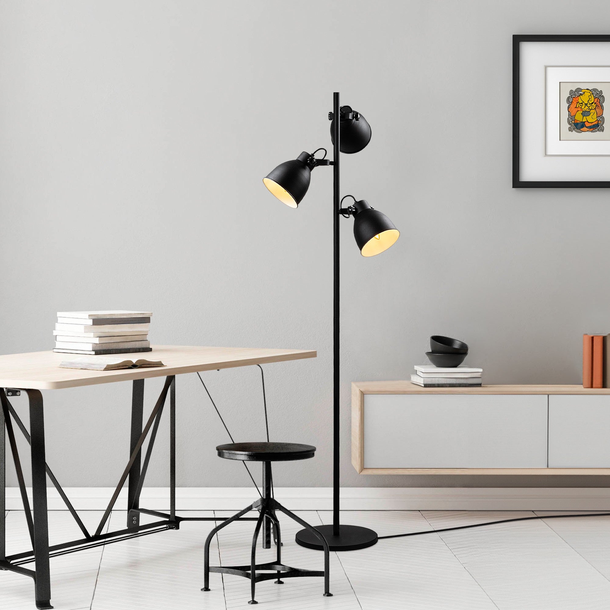 Candeeiro de Pé preta elegante, corpo de metal, 37 x 37 x 162 cm | Abajur de Ø16 cm, cabo de 250 cm, interruptor liga/desliga | Ideal para salas de estar e quartos modernos