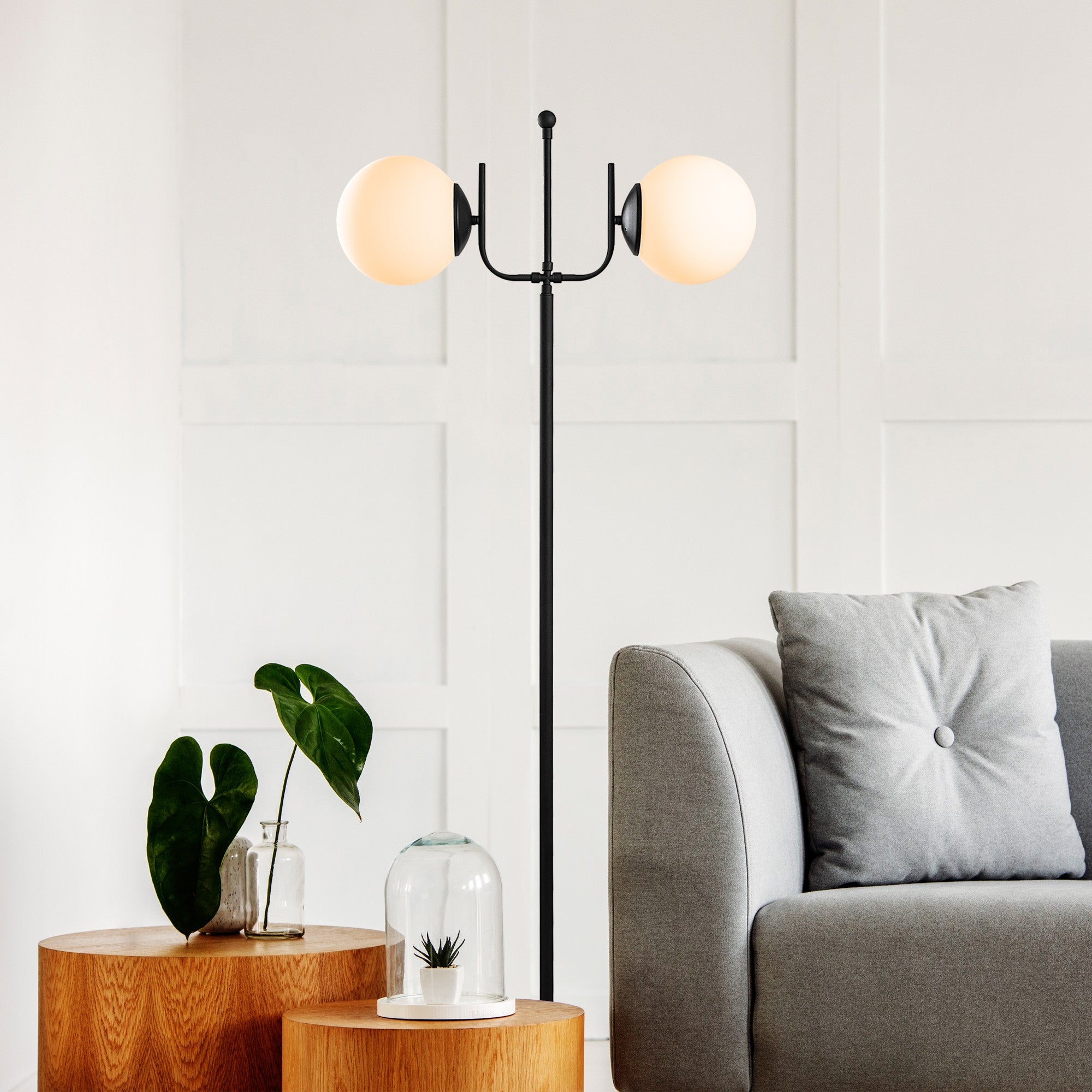 Candeeiro de Pé preta elegante, corpo de metal, 62 x 30 x 162 cm | 2 soquetes E27, cabo de 250 cm, interruptor liga/desliga | Iluminação moderna para decoração de casa e escritório