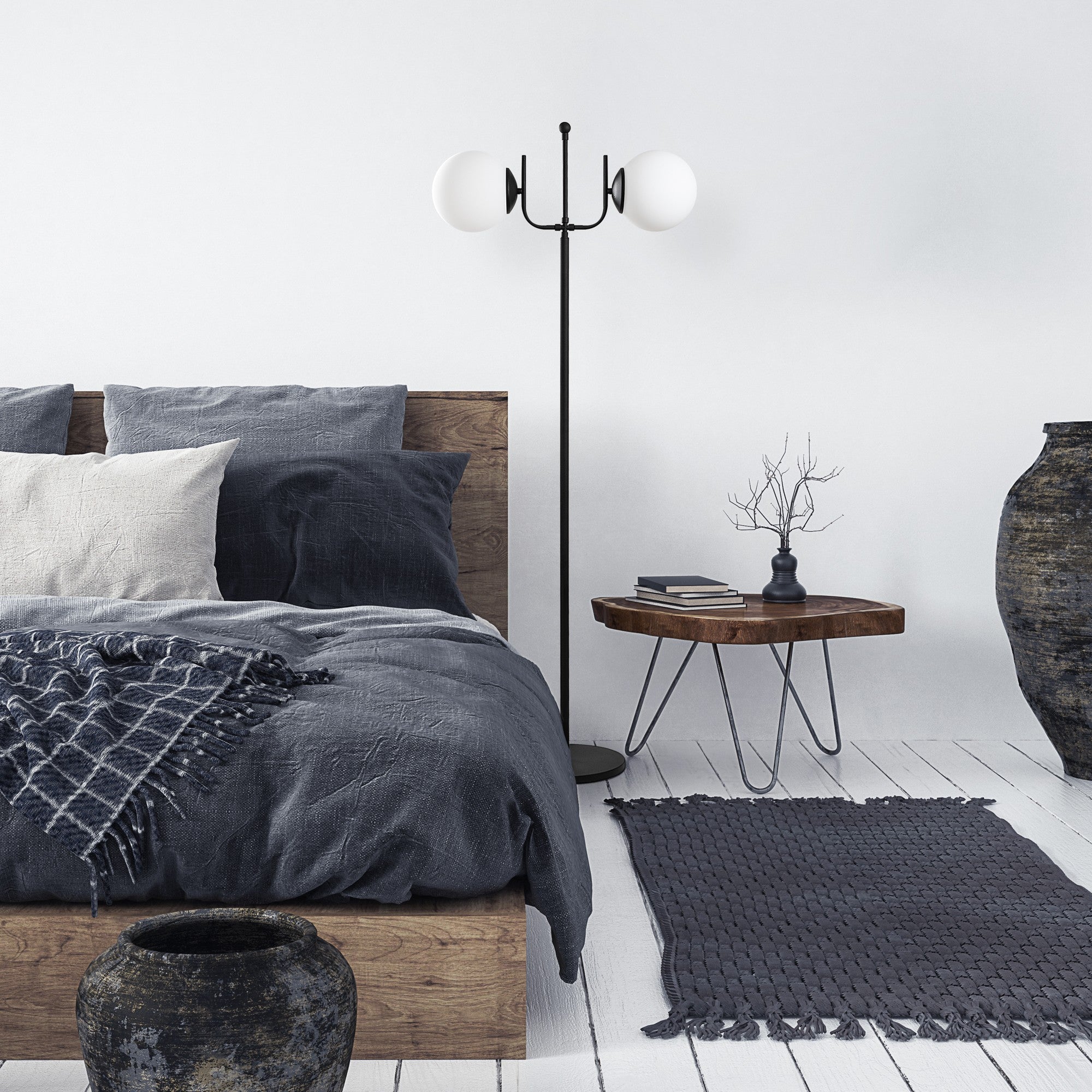 Candeeiro de Pé preta elegante, corpo de metal, 62 x 30 x 162 cm | 2 soquetes E27, cabo de 250 cm, interruptor liga/desliga | Iluminação moderna para decoração de casa e escritório