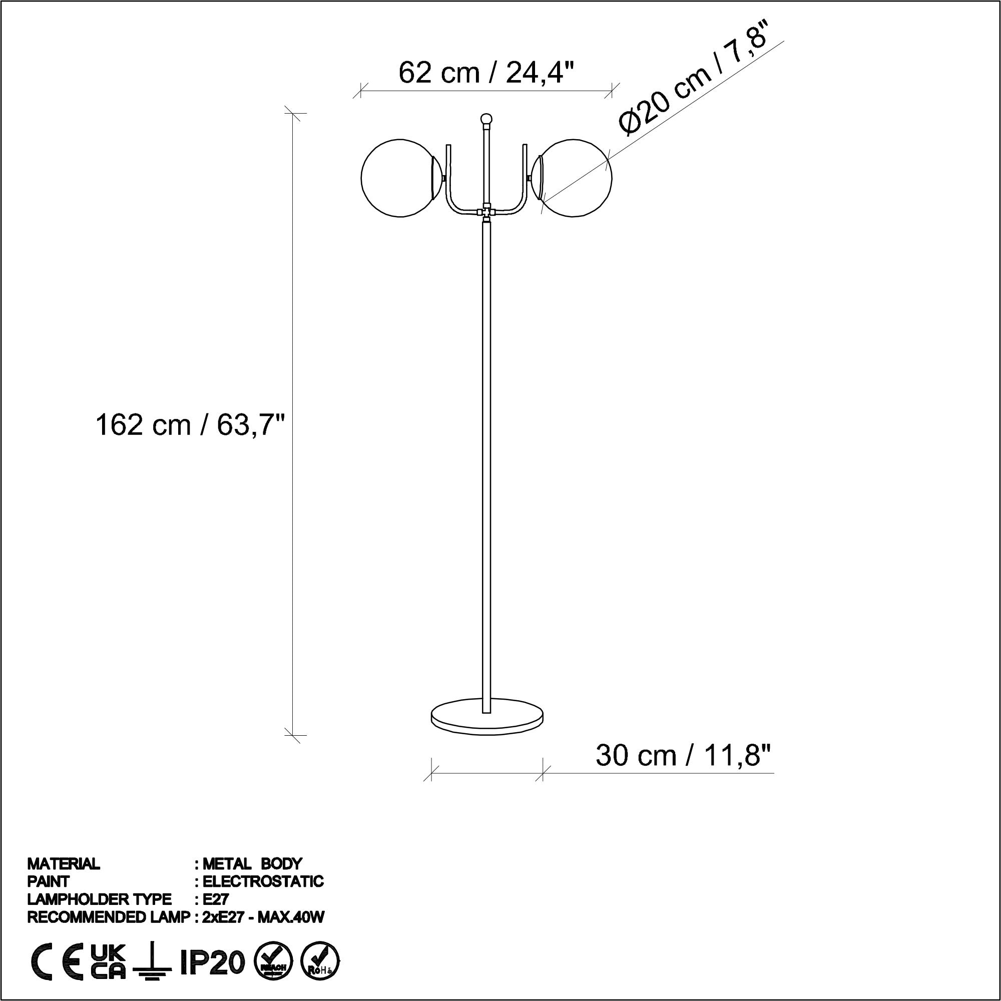Candeeiro de Pé preta elegante, corpo de metal, 62 x 30 x 162 cm | 2 soquetes E27, cabo de 250 cm, interruptor liga/desliga | Iluminação moderna para decoração de casa e escritório