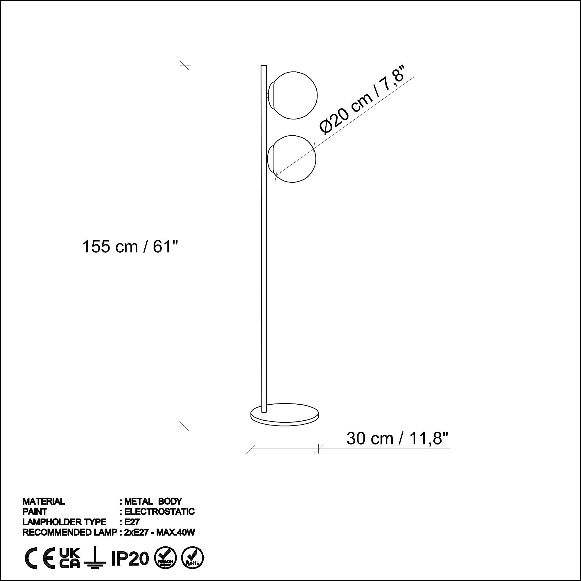 Candeeiro de Pé preta elegante, corpo de metal, 30 x 30 x 155 cm | Abajur de Ø20 cm, cabo de 250 cm, interruptor liga/desliga | Ideal para salas de estar e escritórios modernos