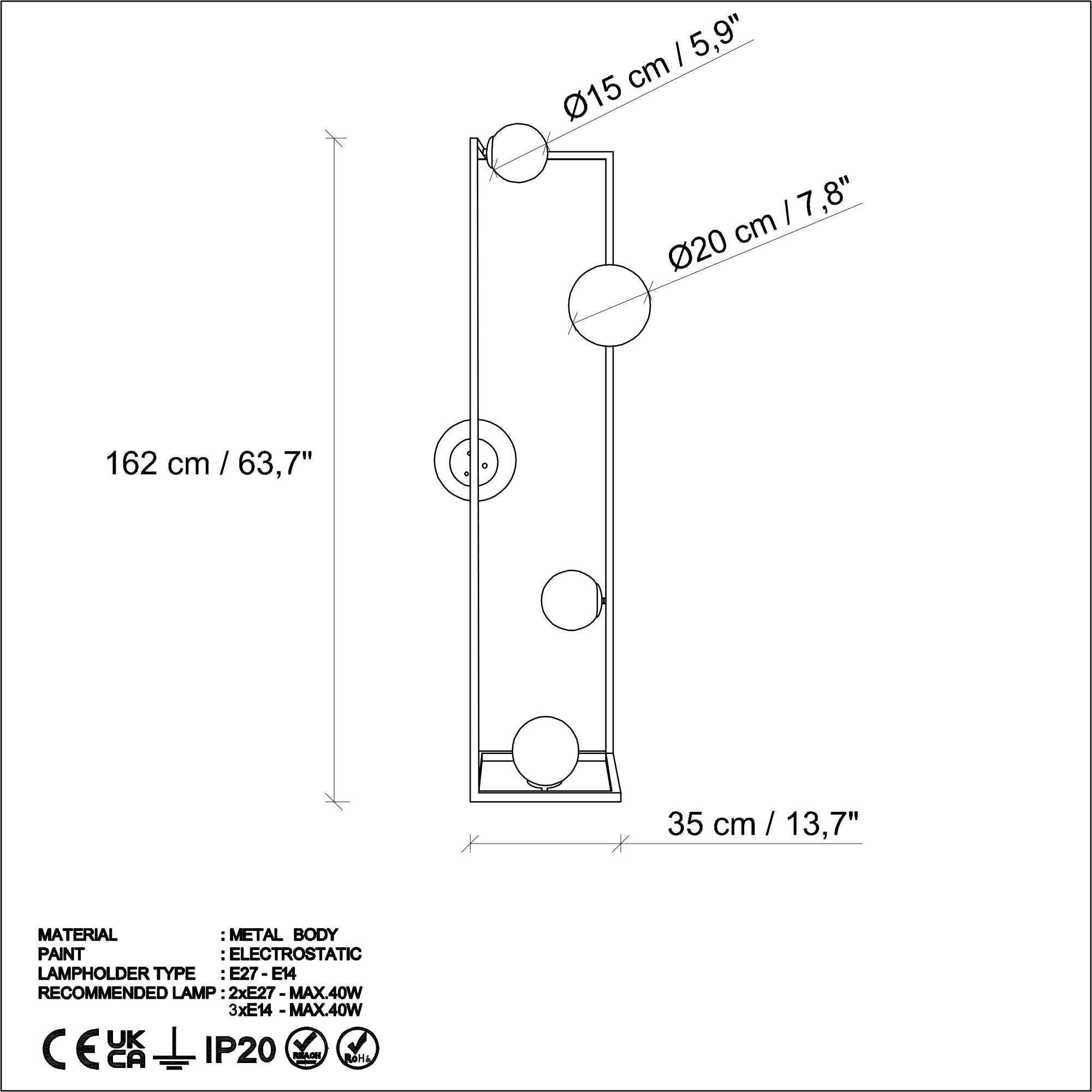 Candeeiro de Pé preta elegante, corpo de metal, 35 x 35 x 157 cm | 2 soquetes E27 e 3 soquetes E14, cabo de 250 cm, interruptor liga/desliga | Iluminação moderna para casa e escritório