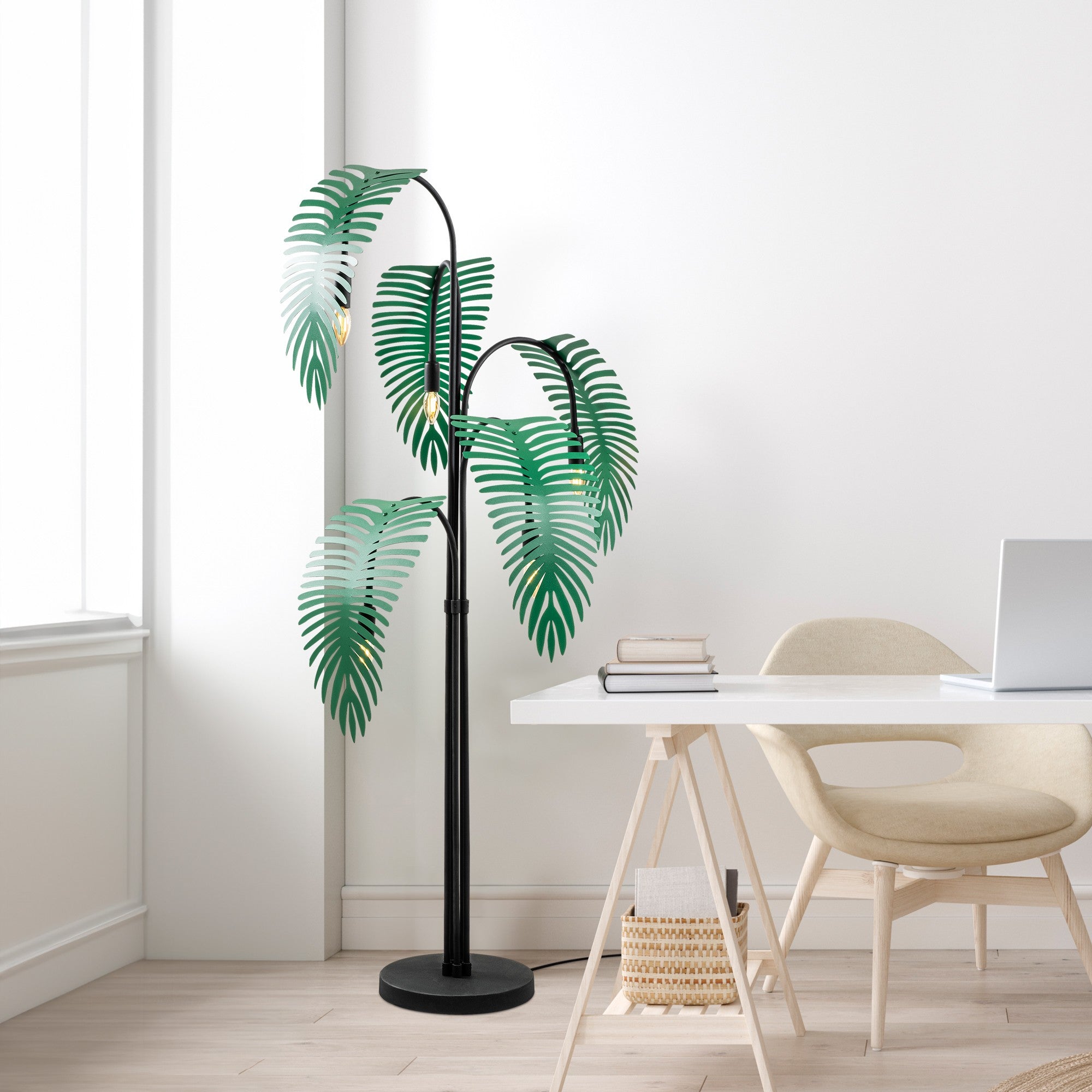 Candeeiro de Pé estilosa com corpo de metal, preta e verde, 71 x 71 x 157 cm | 5 soquetes E14, cabo de 250 cm, interruptor liga/desliga | Iluminação moderna para casa e escritório