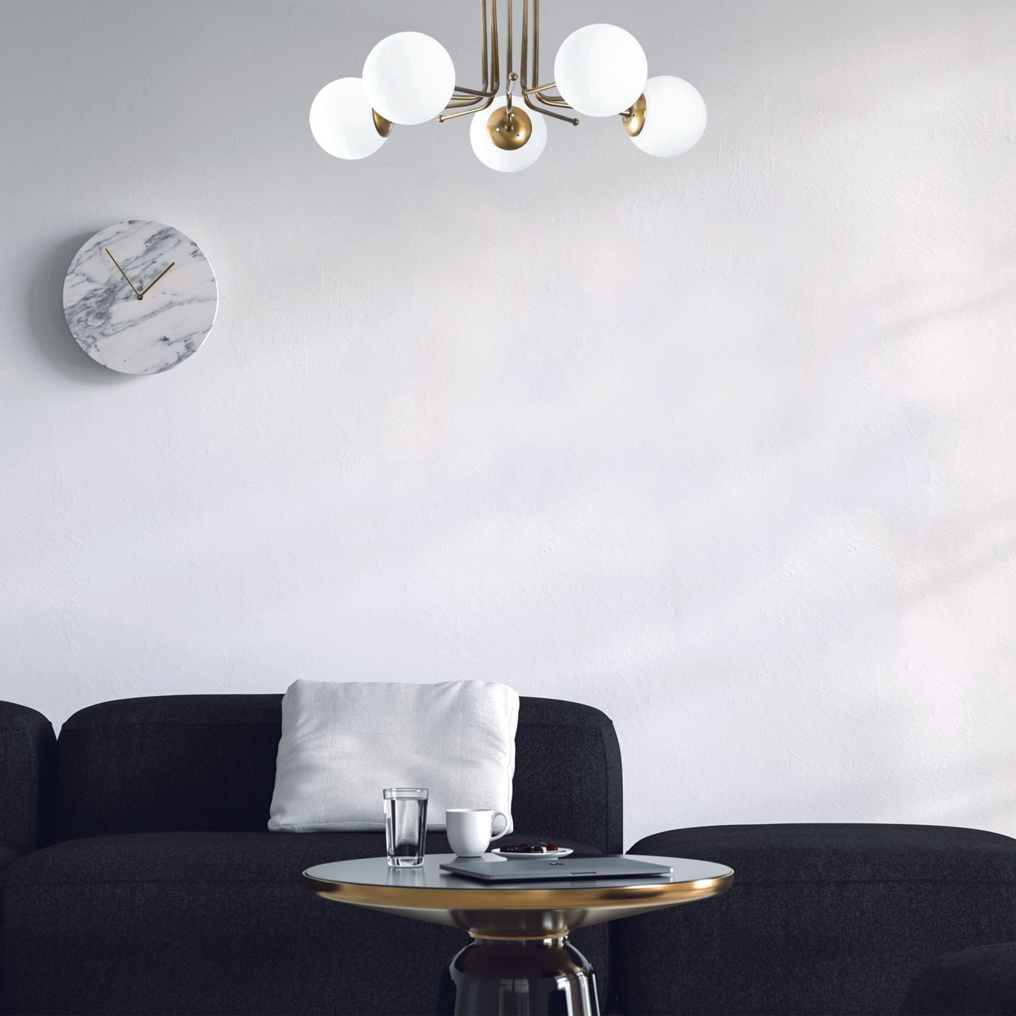 Candeeiro de Teto Escandinavo Glamour, 80 x 80 cm, Dourado e Branco, Corpo em Ferro, 5 x E27 máx. 40 W, Altura: 34 cm | Iluminação Elegante para Espaços Modernos
