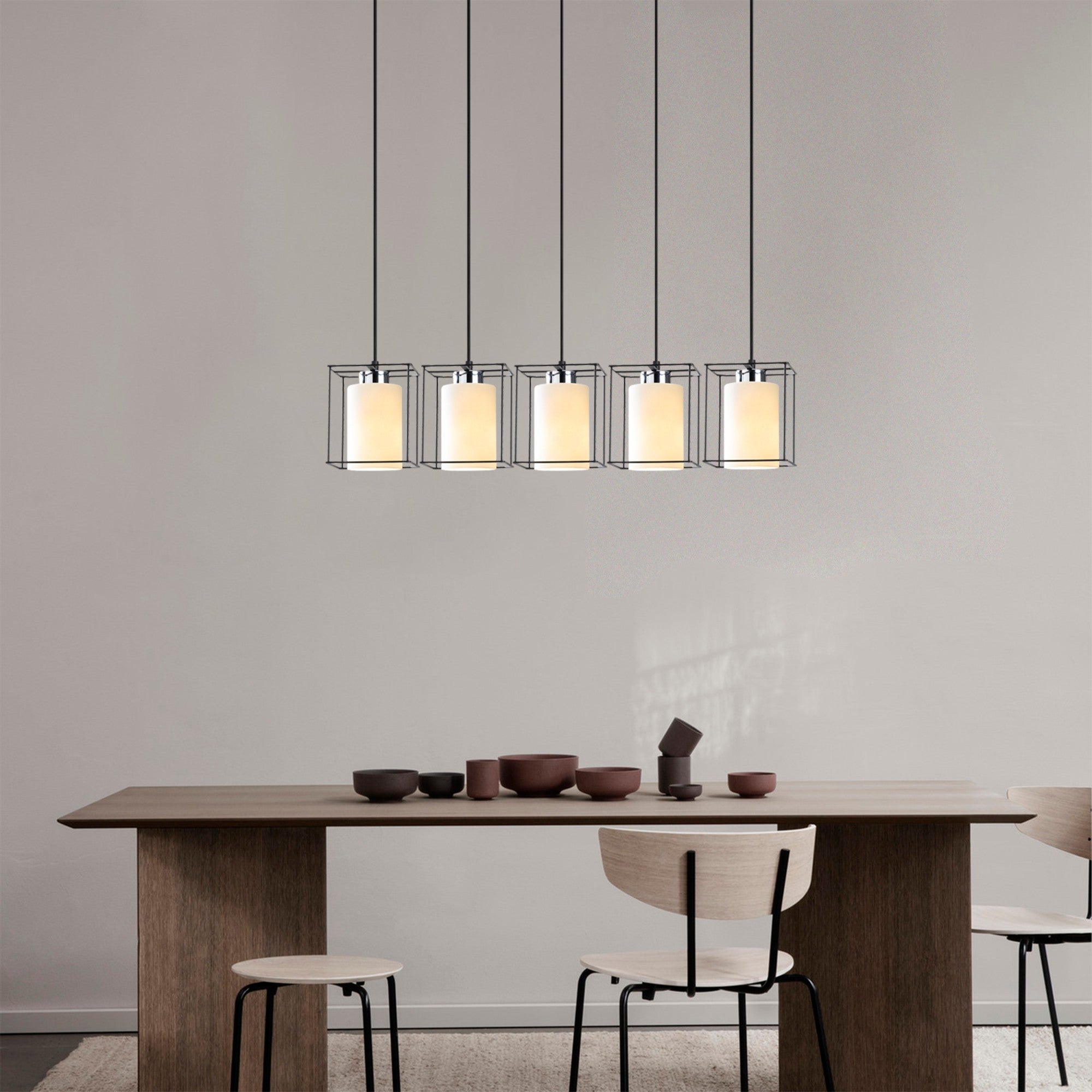 Candeeiro de Teto Escandinavo, Corpo em Ferro Preto, 85 cm de Diâmetro, 113 cm de Altura, Ajustável, 5 x E27 Máx. 40 W, Design Elegante para Espaços Modernos