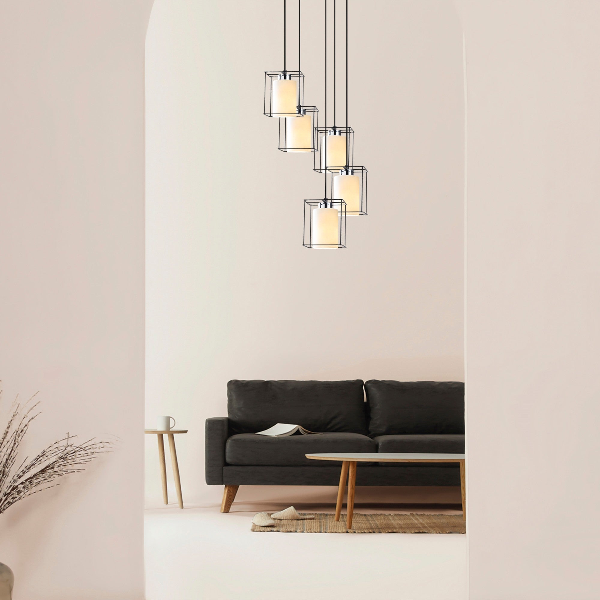 Candeeiro de Teto Escandinavo, Corpo em Metal Preto, 40 cm de Diâmetro, 113 cm de Altura, Ajustável, 5 x E27 Máx. 40 W, Design Elegante para Espaços Modernos, Classificação IP20