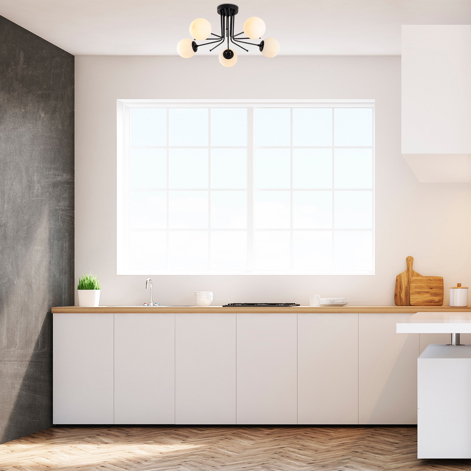 Candeeiro de Teto Industrial Escandinavo, Corpo em Metal Preto, 80 cm de Diâmetro, 34 cm de Altura | 5 x E27 Máx. 40 W | Iluminação Elegante para Espaços Modernos