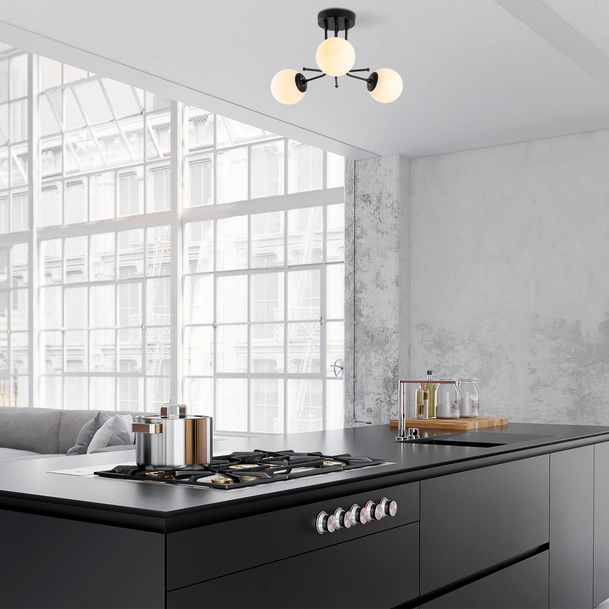 Candeeiro de Teto Industrial Escandinavo, Corpo em Metal Preto, 48 cm de Diâmetro, 34 cm de Altura | 3 x E27 Máx. 40 W | Iluminação Elegante para Espaços Modernos