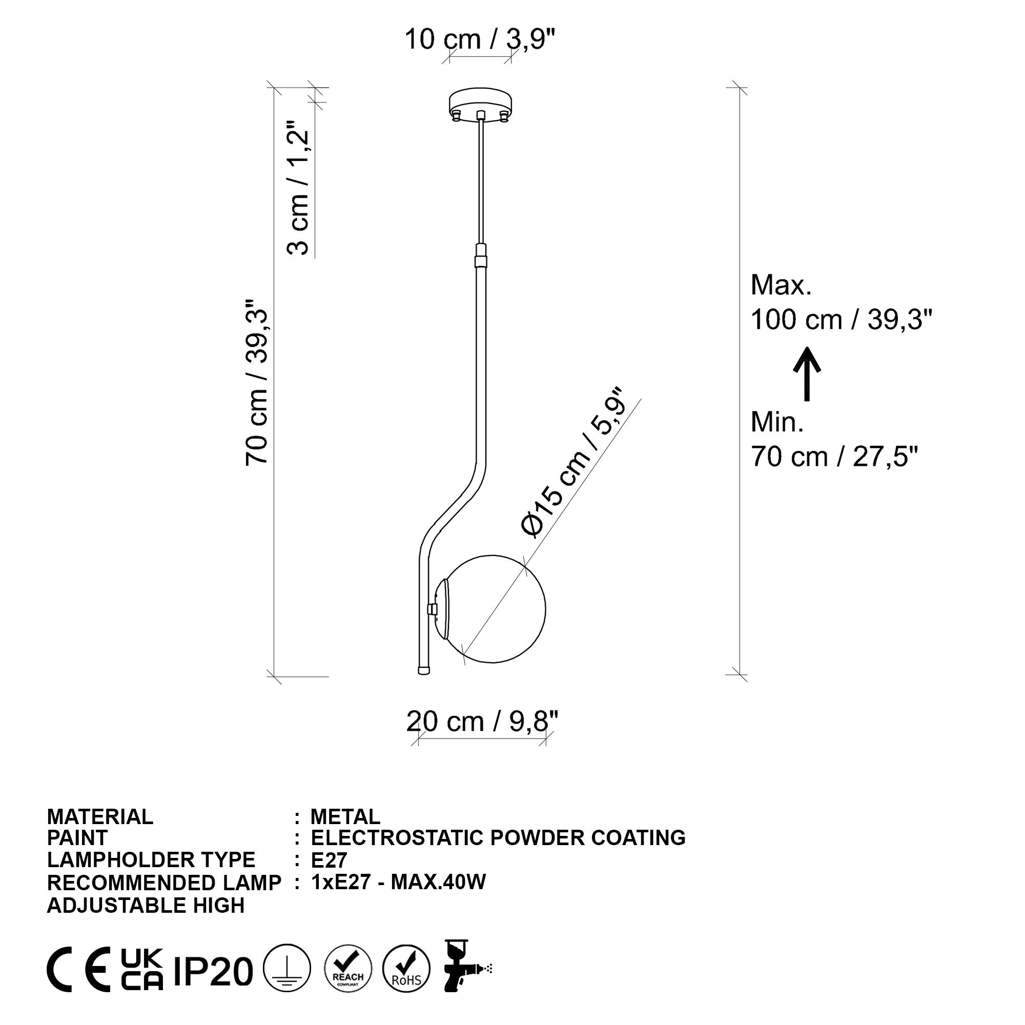 Candeeiro de Teto – 70 - 100 cm – Preto – Metal