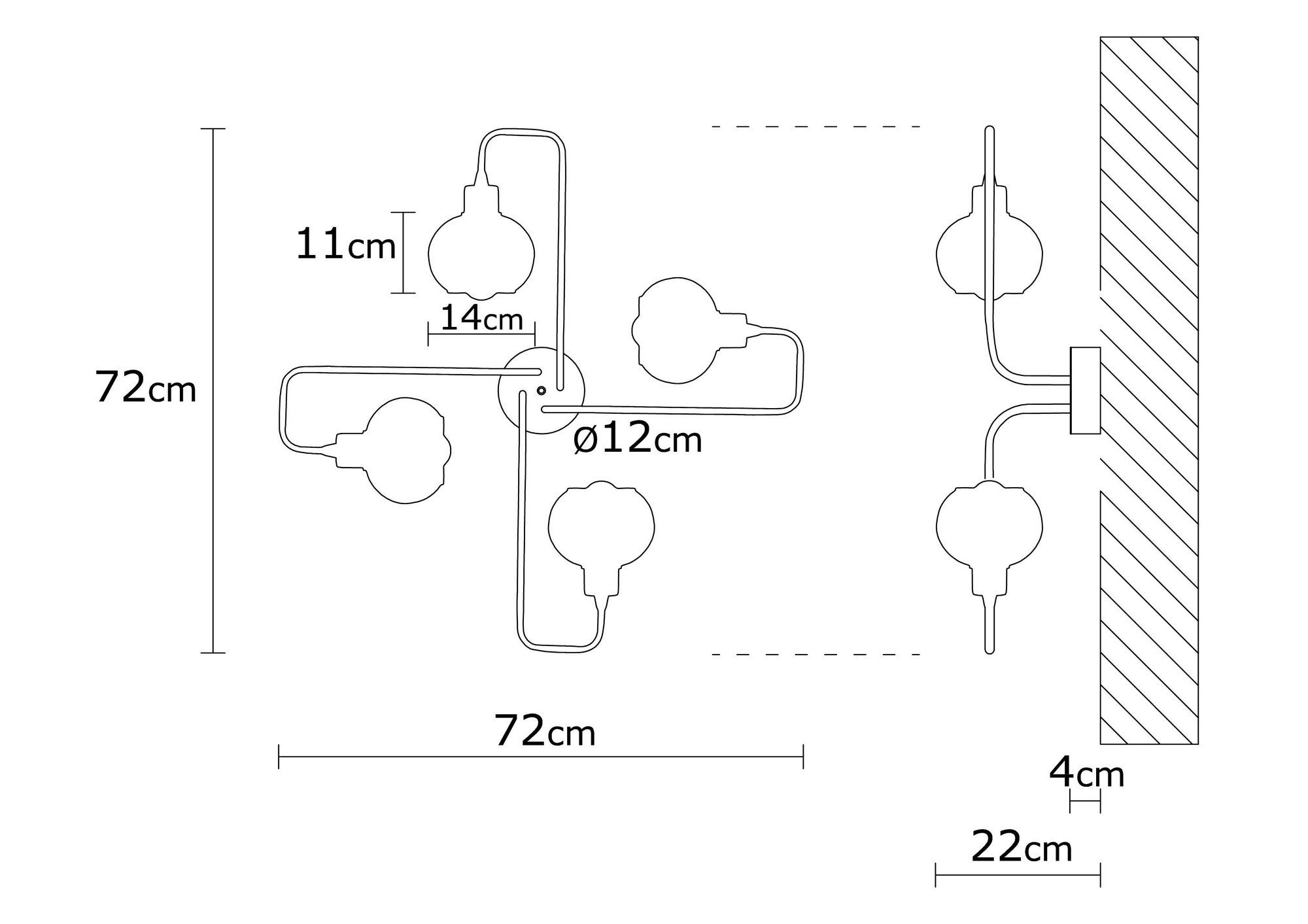 Candeeiro de Teto Industrial Preto, Corpo em Metal, 72 cm de Diâmetro, 22 cm de Altura | 4 x E27 Máx. 40 W | Tampa de Vidro Elegante | Perfeito para Espaços Modernos, Classificação IP20