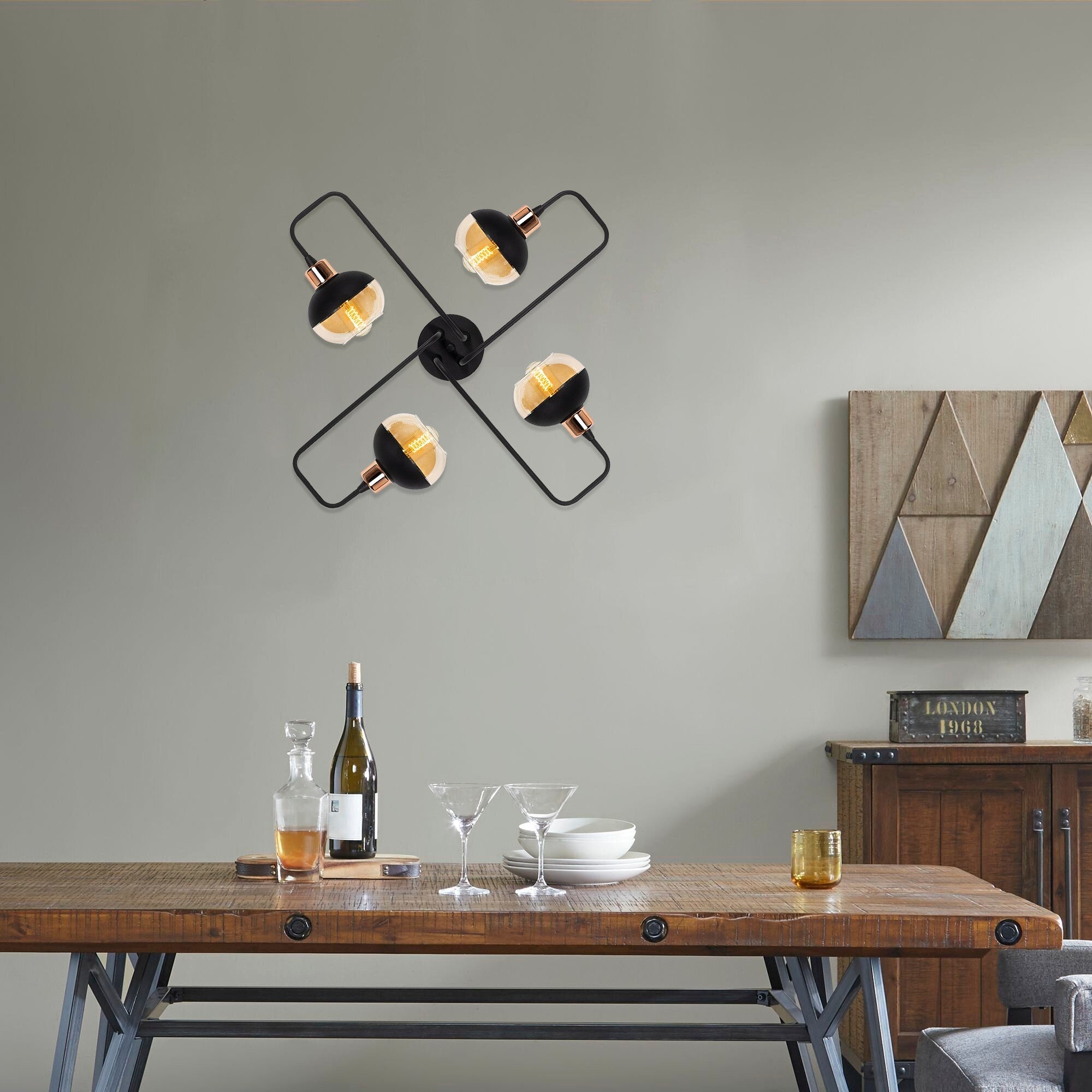 Candeeiro de Teto Industrial Preto, Corpo em Metal, 72 cm de Diâmetro, 22 cm de Altura | 4 x E27 Máx. 40 W | Tampa de Vidro Elegante | Perfeito para Espaços Modernos, Classificação IP20