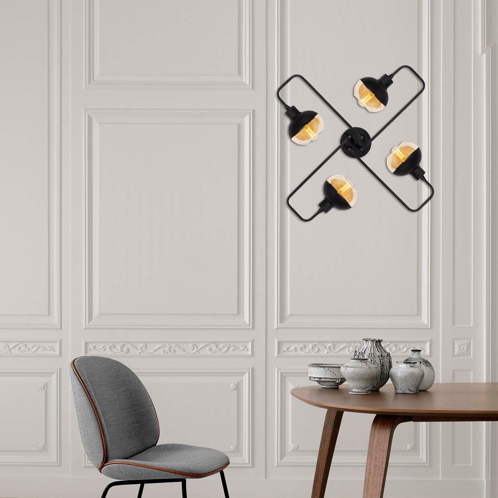 Candeeiro de Teto Industrial Preto, Corpo em Metal, 72 cm de Diâmetro, 22 cm de Altura | 4 x E27 Máx. 40 W | Tampa de Vidro Elegante | Perfeito para Espaços Modernos, Classificação IP20