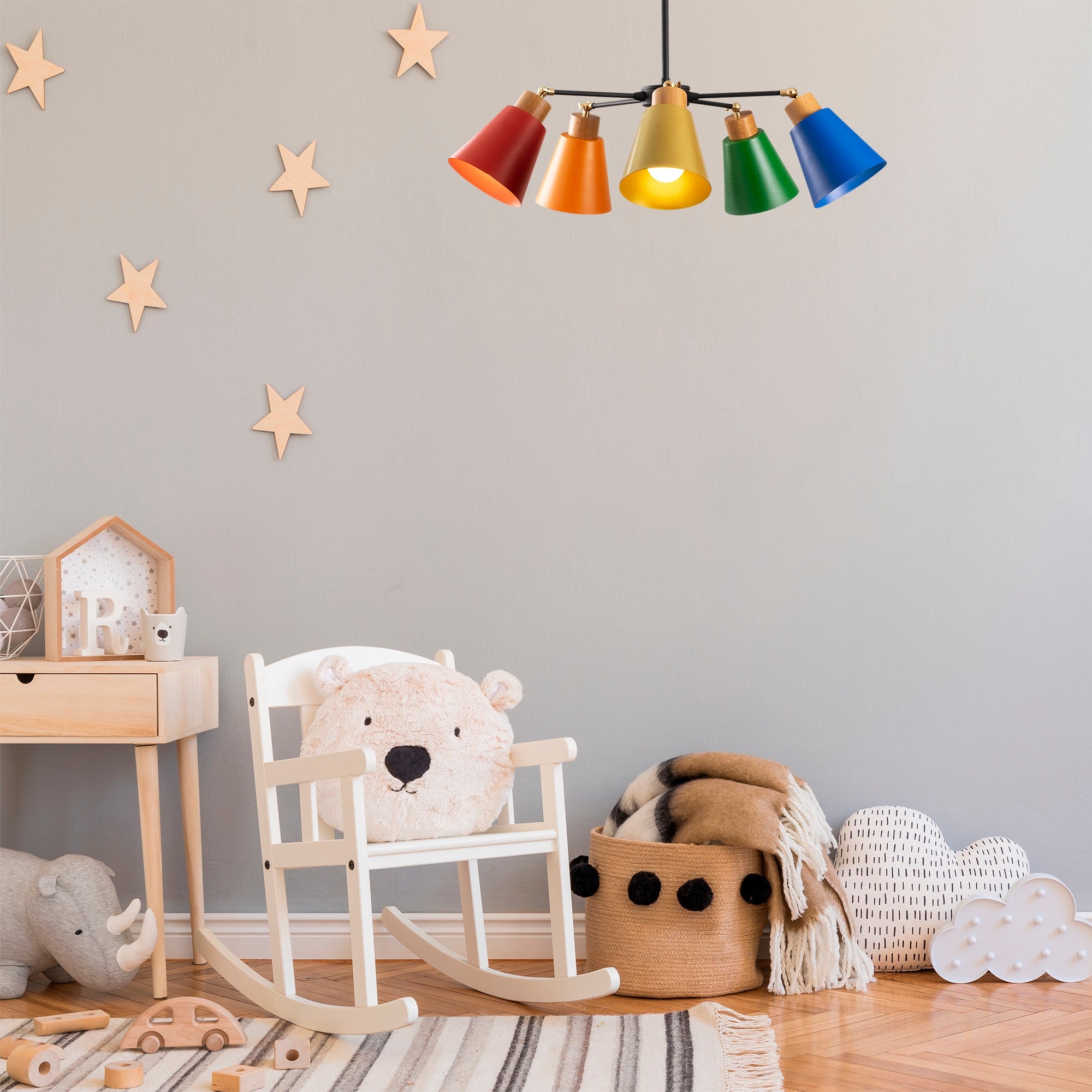 Candeeiro de Teto moderno com corpo de metal e base de madeira, 58 cm de diâmetro, 68 cm de altura | 5 soquetes E27, iluminação elegante para espaços infantis e jovens