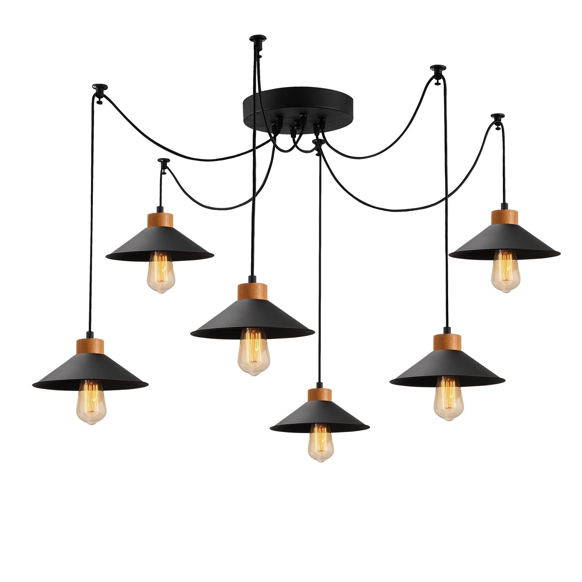 Candeeiro de Teto industrial moderno, corpo de ferro preto, 144 cm de diâmetro, altura ajustável, 6 soquetes E27, perfeito para decoração escandinava e inovadora