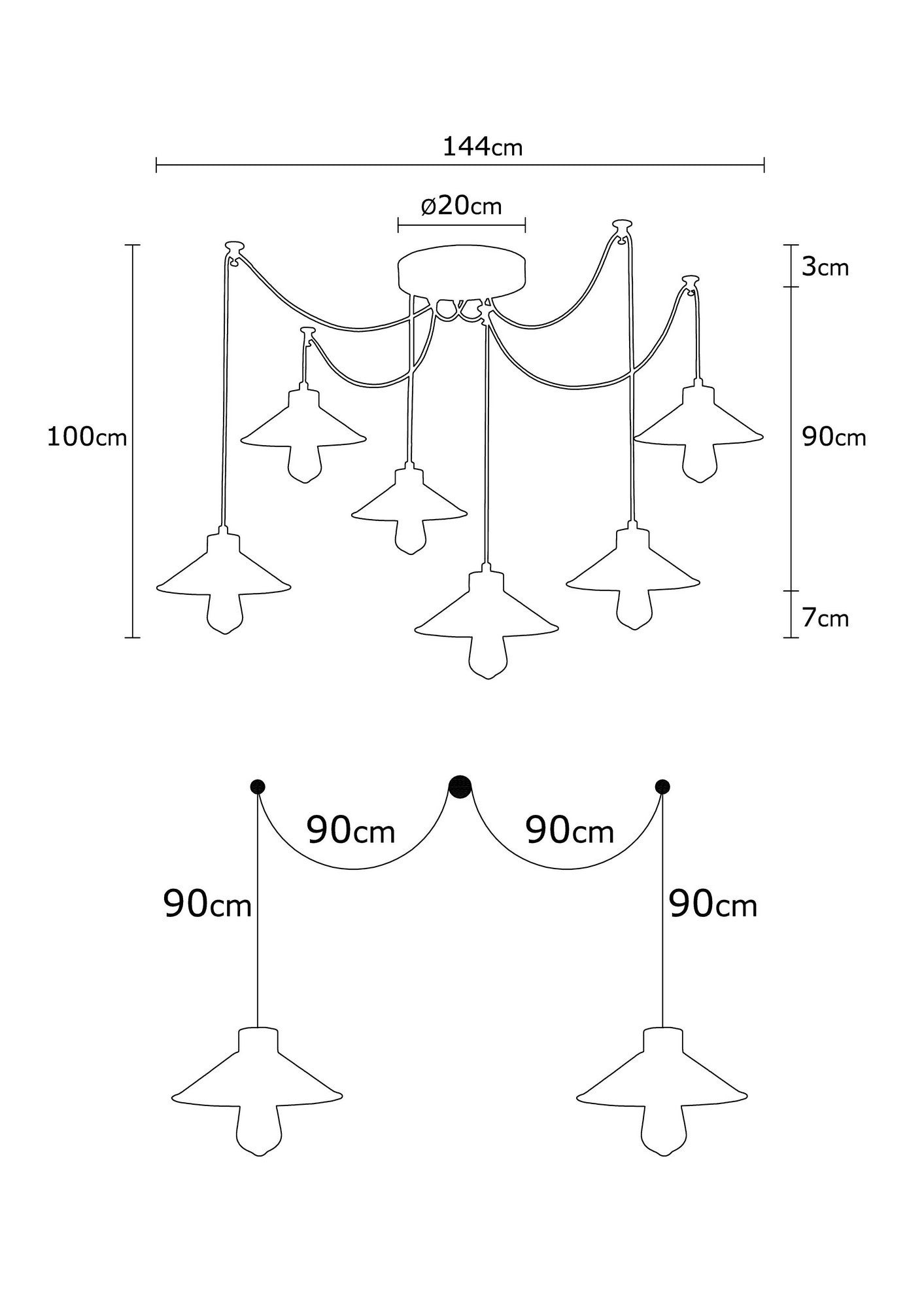 Candeeiro de Teto industrial moderno, corpo de ferro preto, 144 cm de diâmetro, altura ajustável, 6 soquetes E27, perfeito para decoração escandinava e inovadora