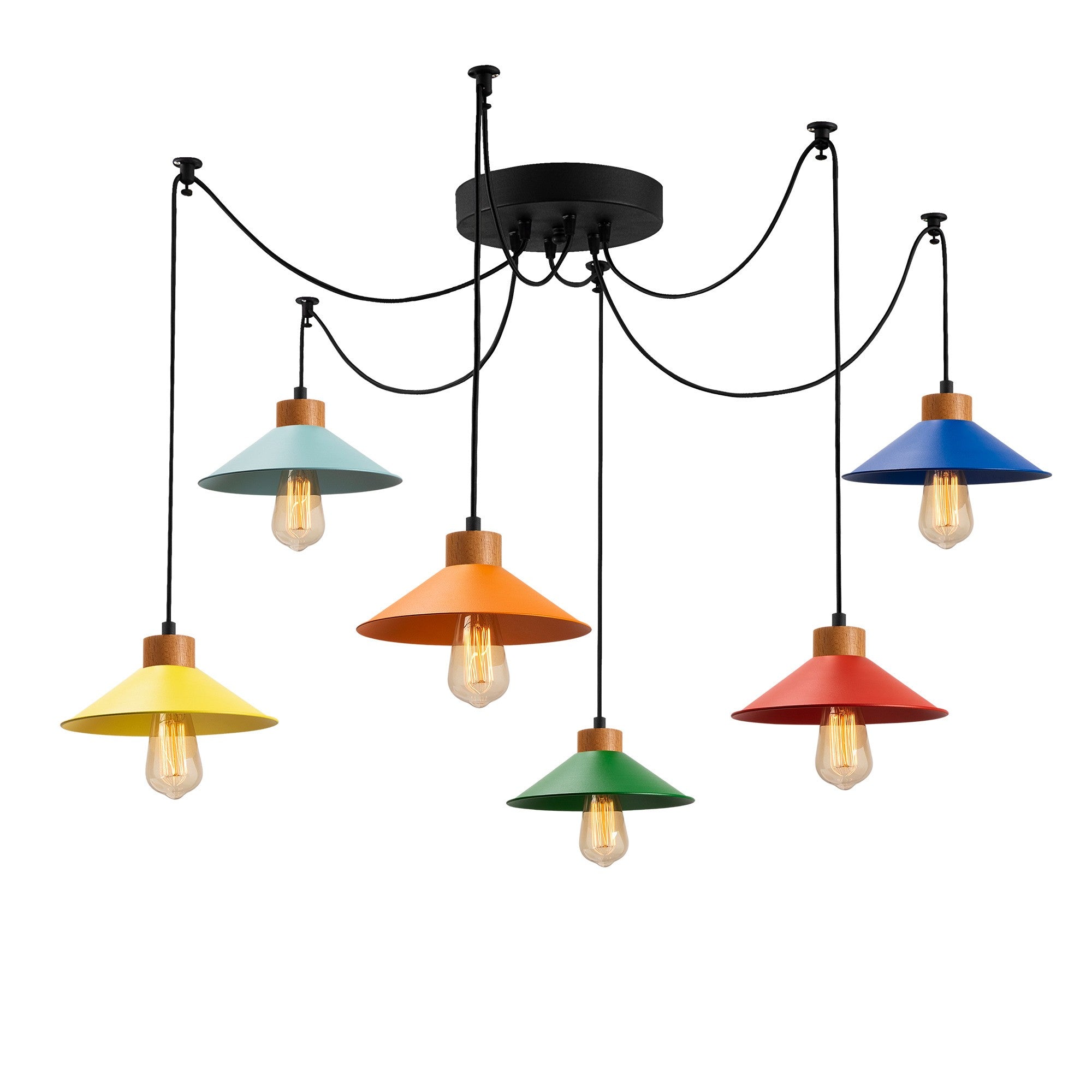 Candeeiro de Teto moderno com corpo de ferro, base de madeira de carpa, 144 cm de diâmetro, altura ajustável, 6 soquetes E27 | Iluminação elegante para espaços infantis e juvenis