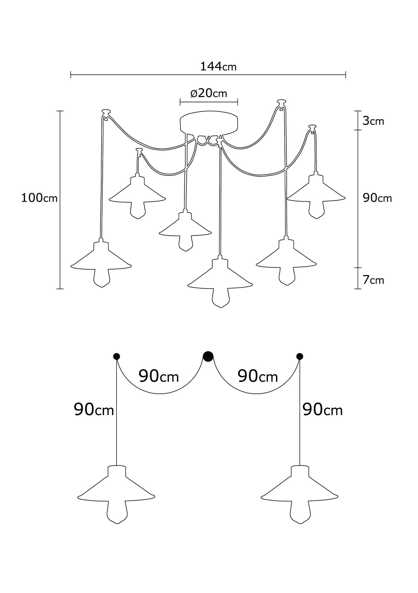 Candeeiro de Teto moderno com corpo de ferro, base de madeira de carpa, 144 cm de diâmetro, altura ajustável, 6 soquetes E27 | Iluminação elegante para espaços infantis e juvenis