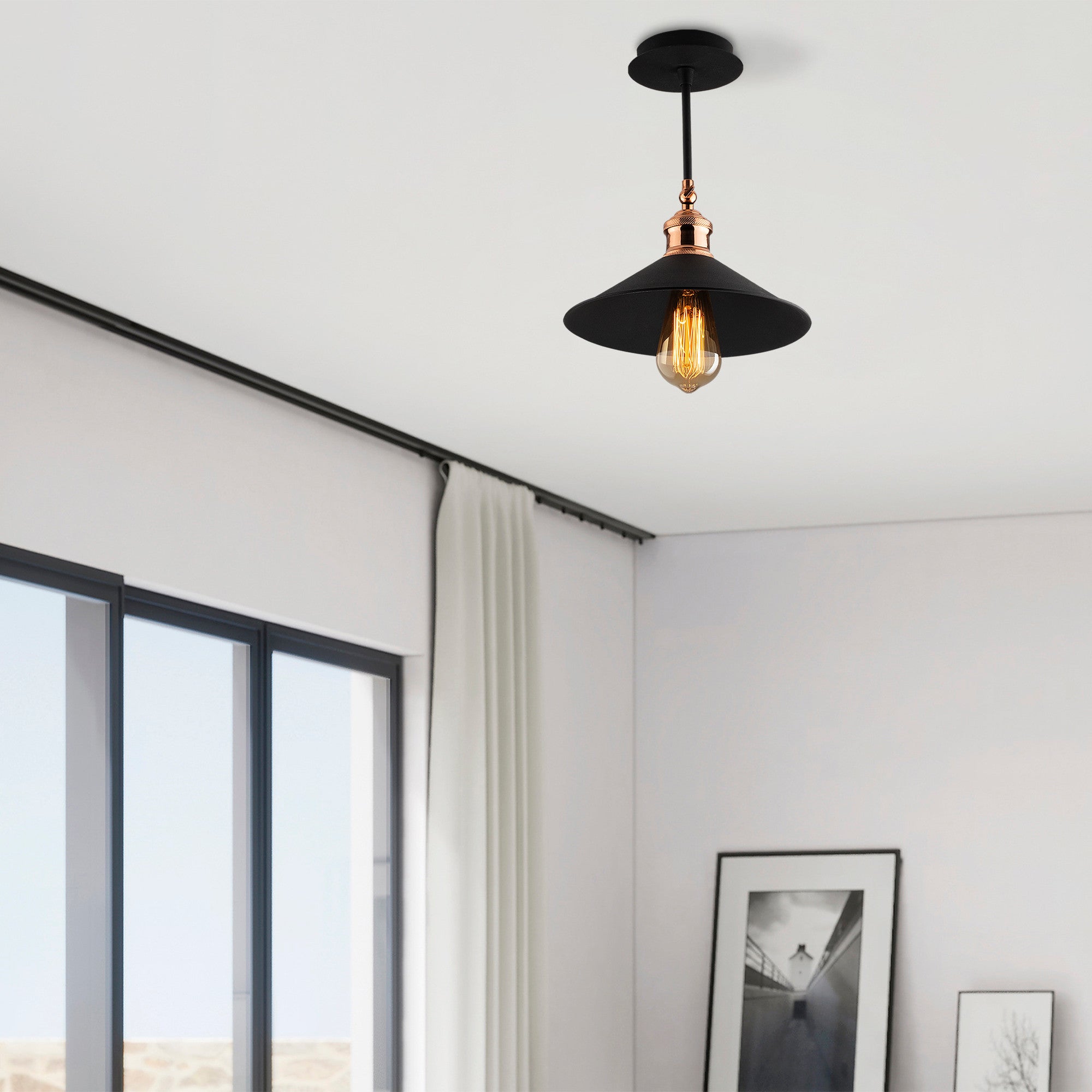 Candeeiro de Teto Preto Moderno, 24 cm de Diâmetro, Corpo em Metal, Soquete E27, 40 W Máx., IP20 | Design Industrial e Escandinavo Elegante para Decoração de Casa