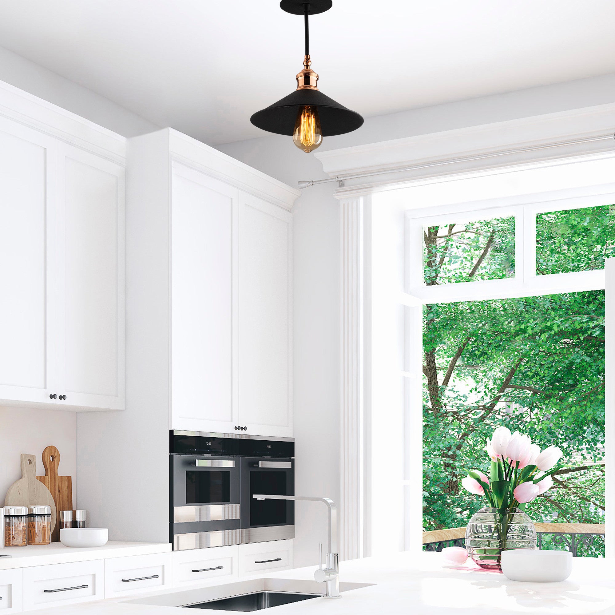 Candeeiro de Teto Preto Moderno, 24 cm de Diâmetro, Corpo em Metal, Soquete E27, 40 W Máx., IP20 | Design Industrial e Escandinavo Elegante para Decoração de Casa