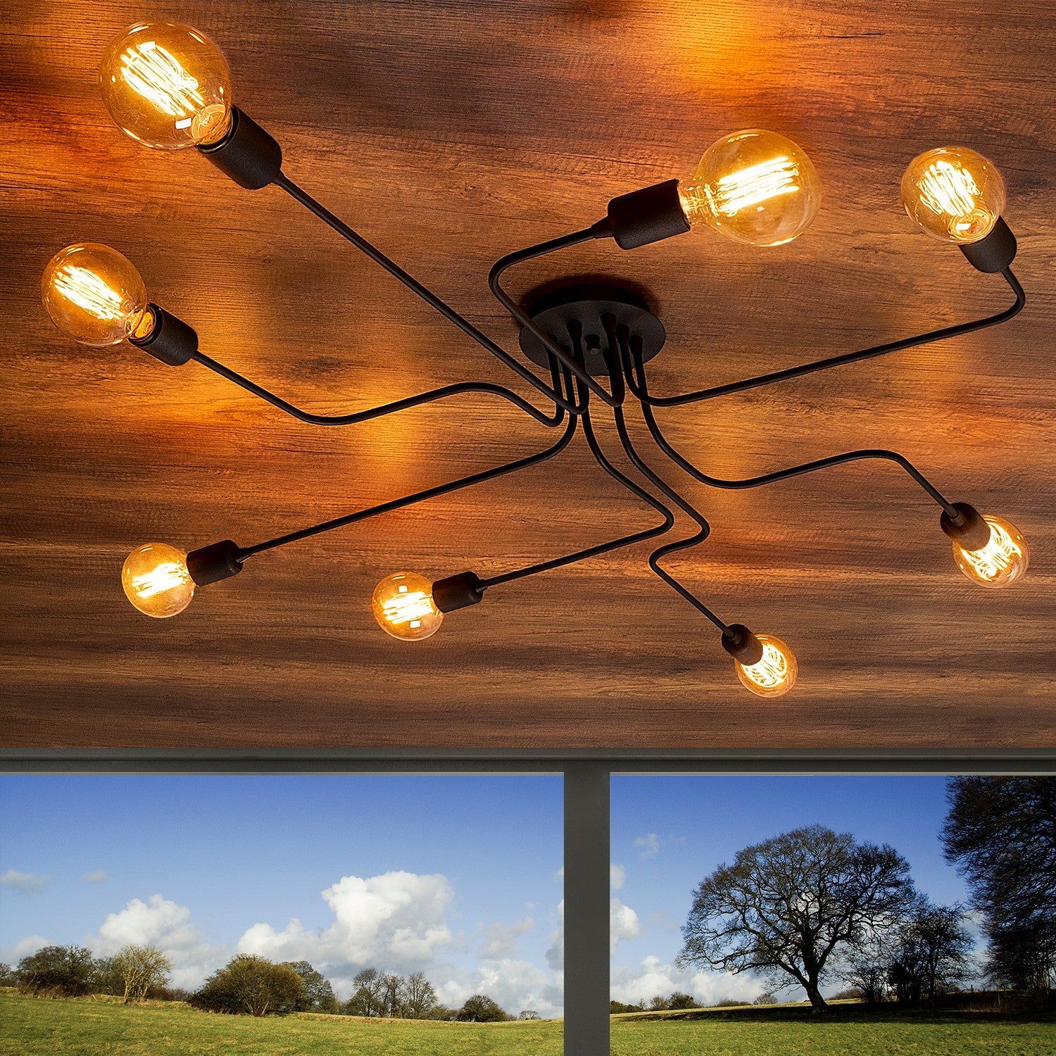 Candeeiro de Teto Preto Moderno, 140 cm de Diâmetro, 15 cm de Altura | Corpo em Metal, 8 Soquetes E27, IP20 | Design Industrial Elegante para Casa e Escritório