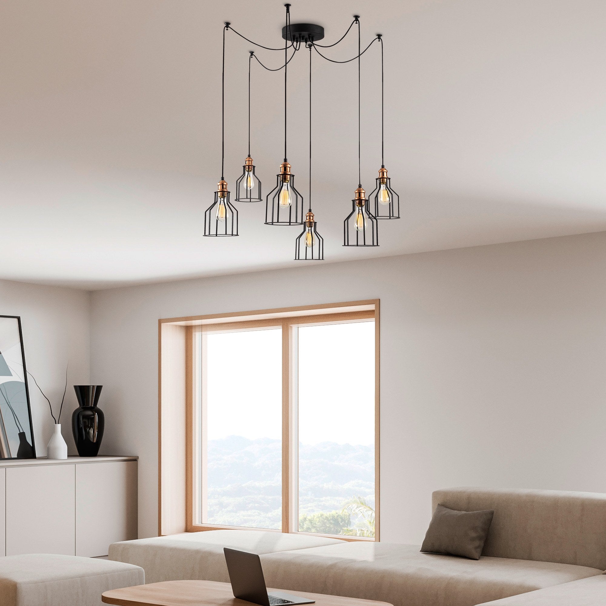 Candeeiro de Teto Industrial Preto, 137 cm de Diâmetro, 111 cm de Altura | Corpo em Metal, 6 Soquetes E27, IP20 | Perfeito para Decoração Moderna e Soluções de Iluminação