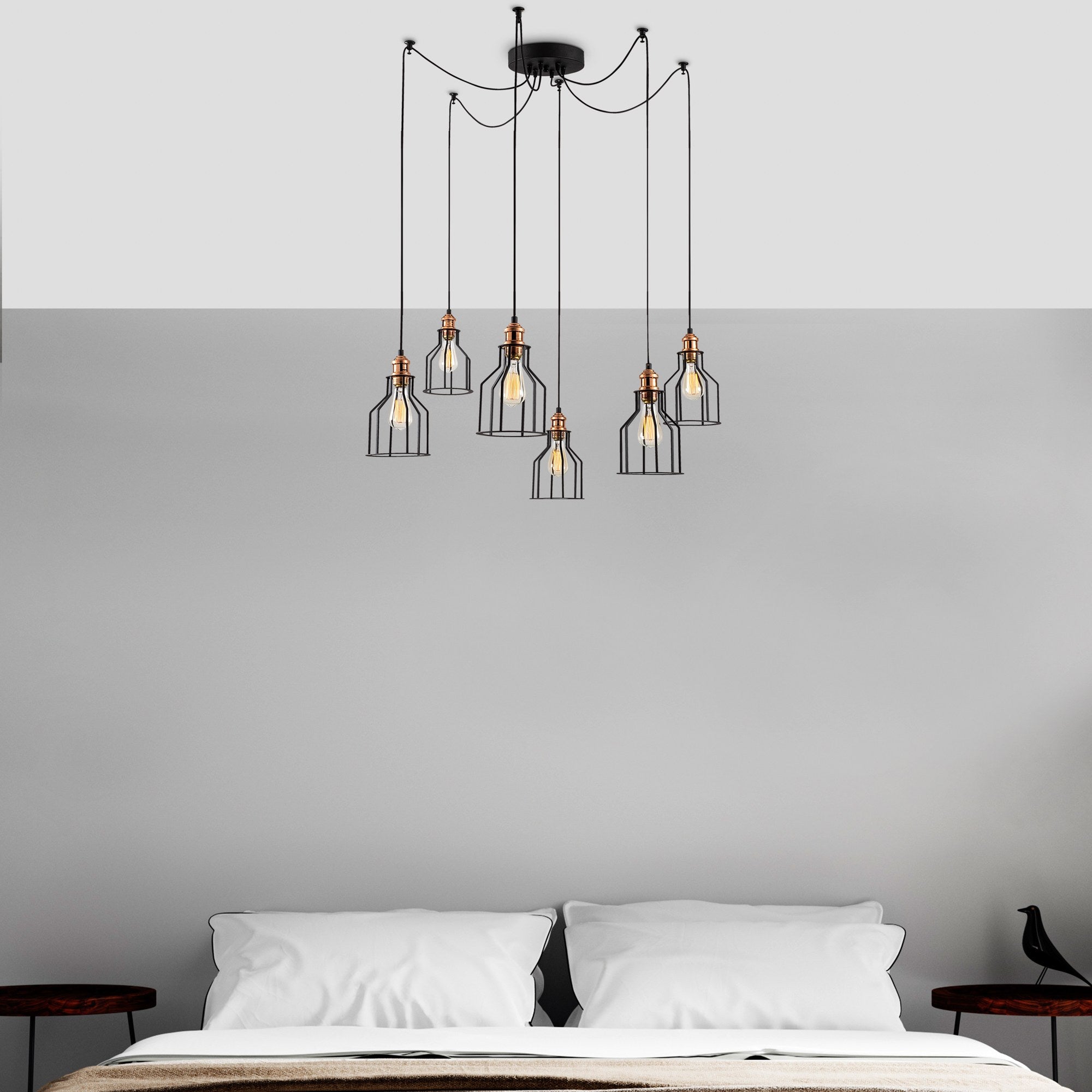 Candeeiro de Teto Industrial Preto, 137 cm de Diâmetro, 111 cm de Altura | Corpo em Metal, 6 Soquetes E27, IP20 | Perfeito para Decoração Moderna e Soluções de Iluminação