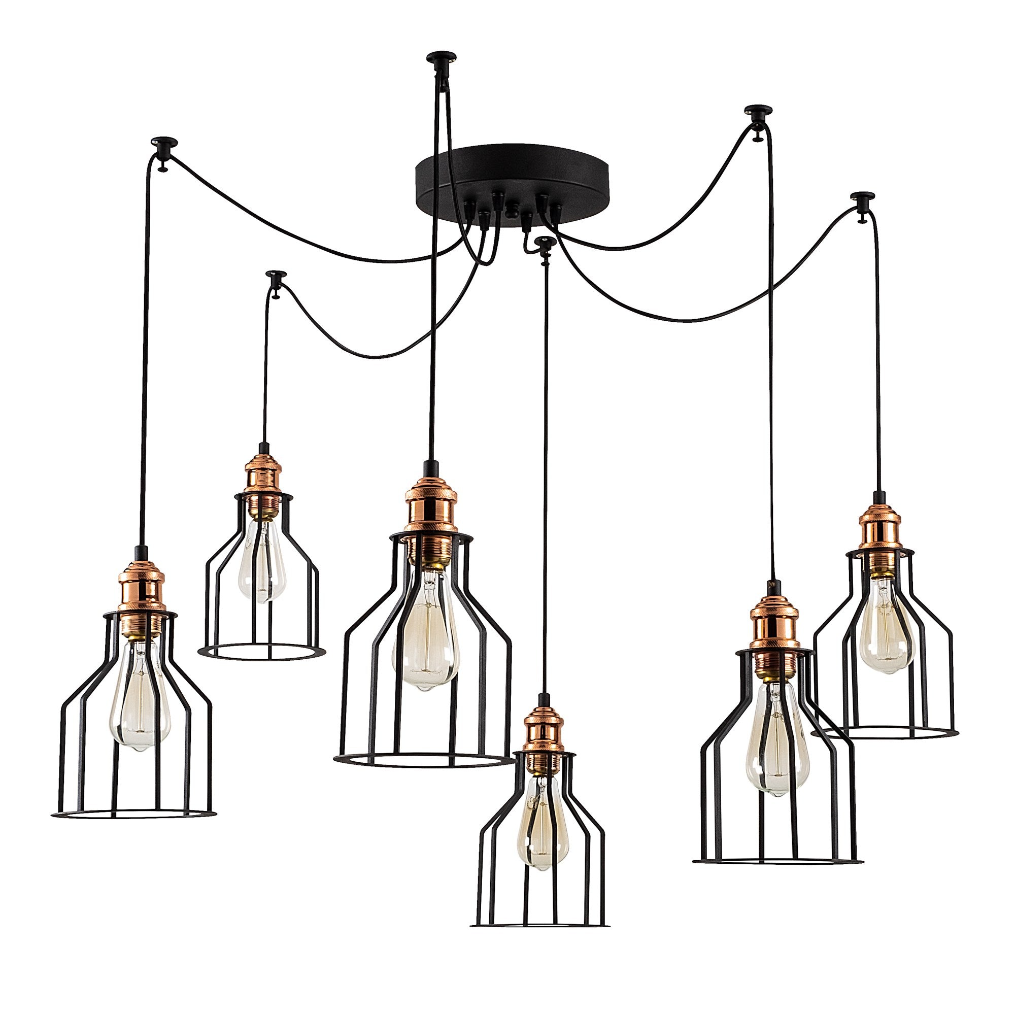 Candeeiro de Teto Industrial Preto, 137 cm de Diâmetro, 111 cm de Altura | Corpo em Metal, 6 Soquetes E27, IP20 | Perfeito para Decoração Moderna e Soluções de Iluminação