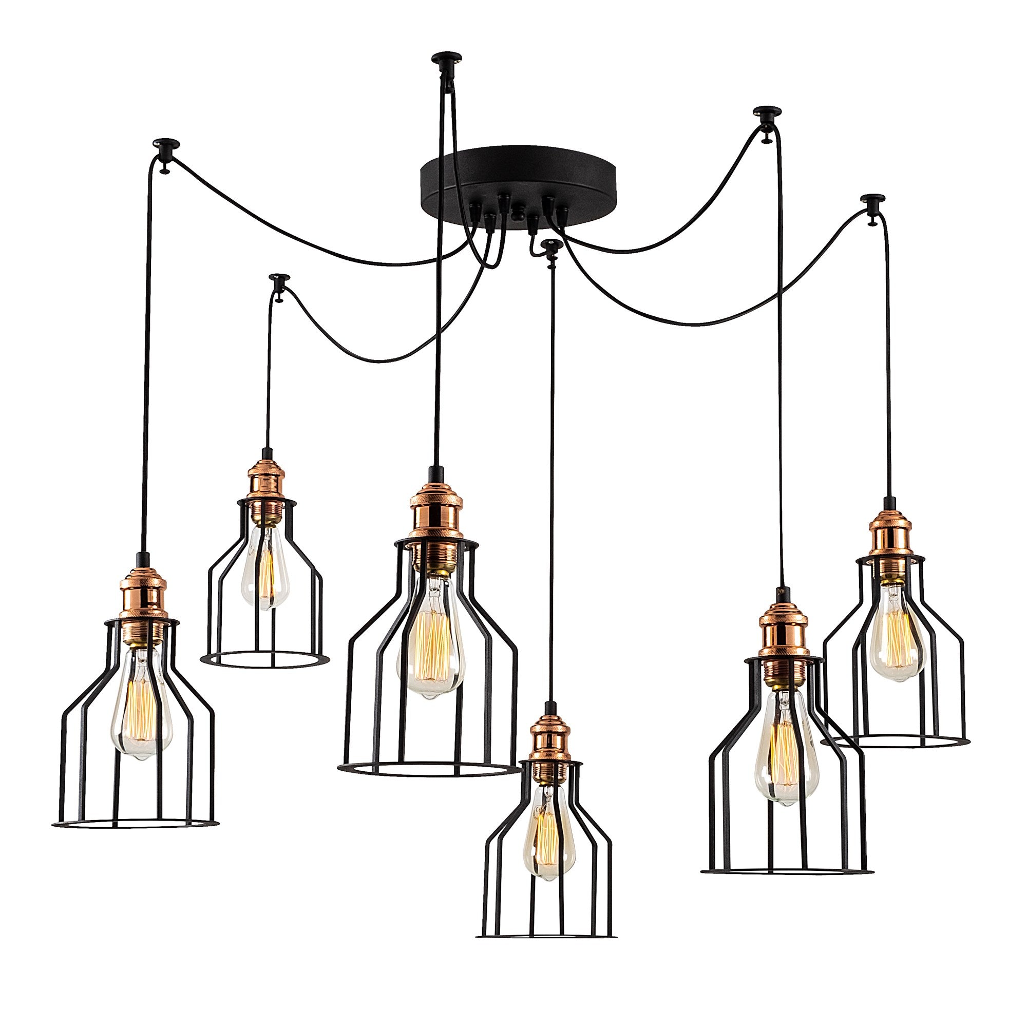 Candeeiro de Teto Industrial Preto, 137 cm de Diâmetro, 111 cm de Altura | Corpo em Metal, 6 Soquetes E27, IP20 | Perfeito para Decoração Moderna e Soluções de Iluminação