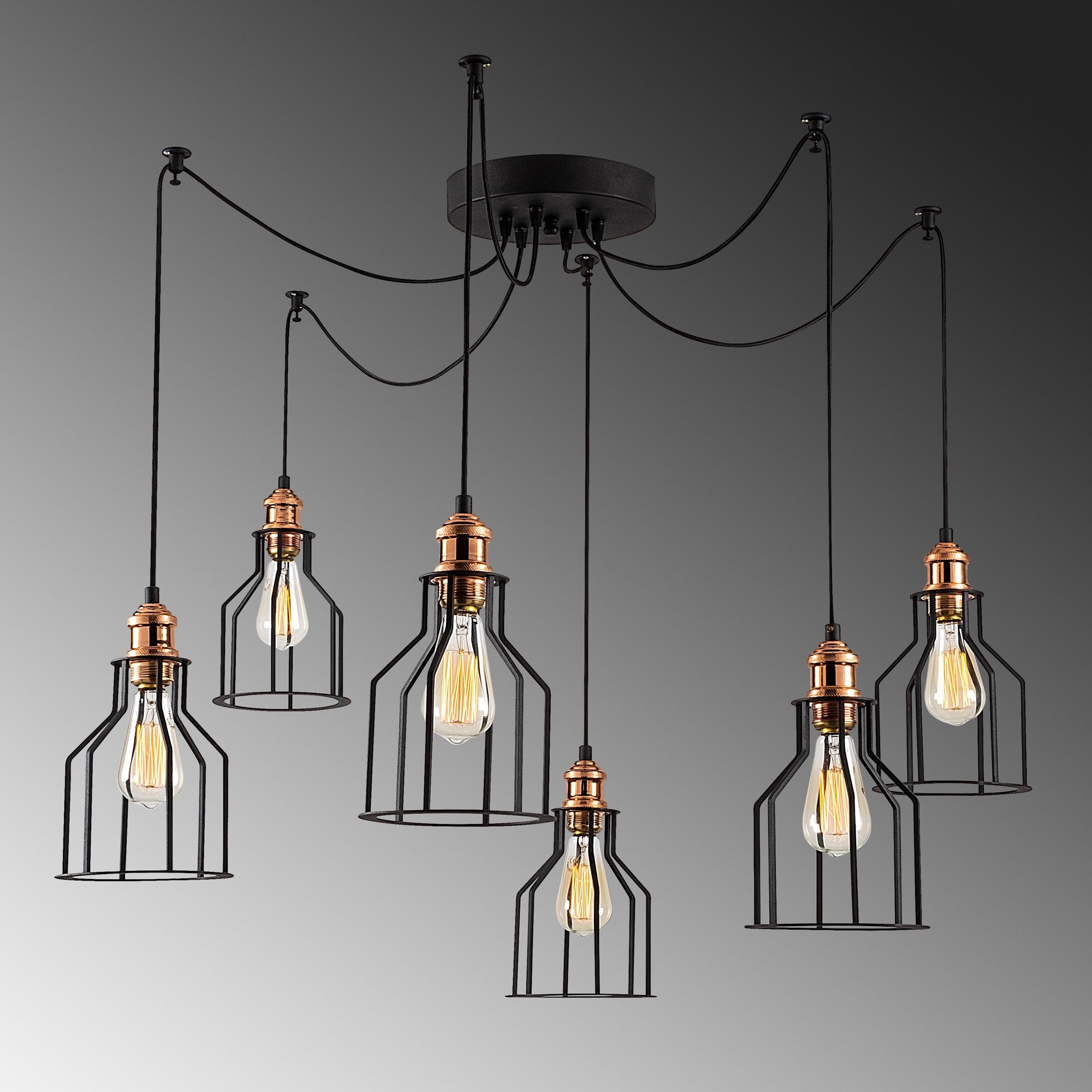 Candeeiro de Teto Industrial Preto, 137 cm de Diâmetro, 111 cm de Altura | Corpo em Metal, 6 Soquetes E27, IP20 | Perfeito para Decoração Moderna e Soluções de Iluminação