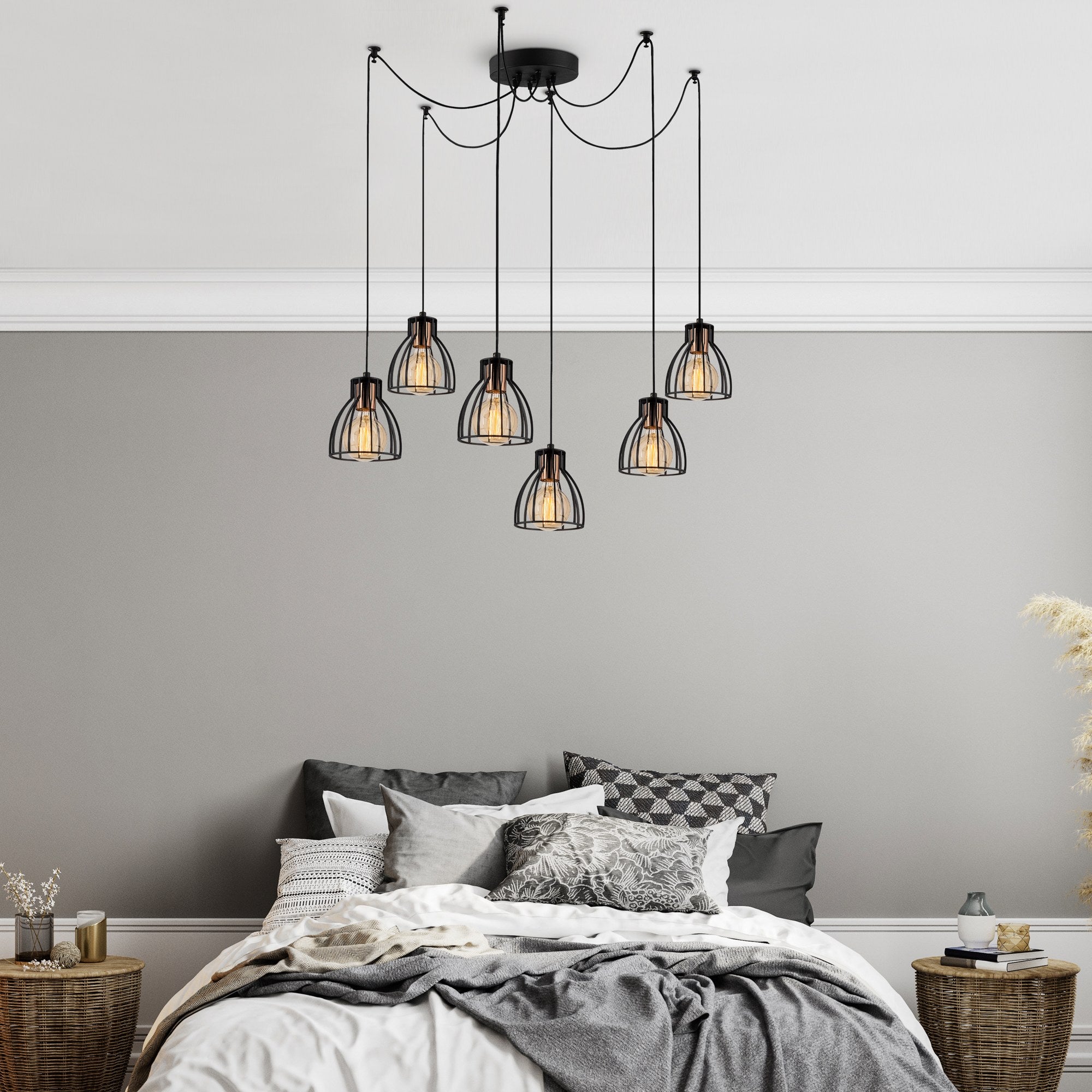Candeeiro de Teto Industrial Preto, 135 cm de Diâmetro, 106 cm de Altura | Corpo de Metal, 6 Soquetes E27, Cabo de 180 cm | Iluminação Elegante para Espaços Modernos
