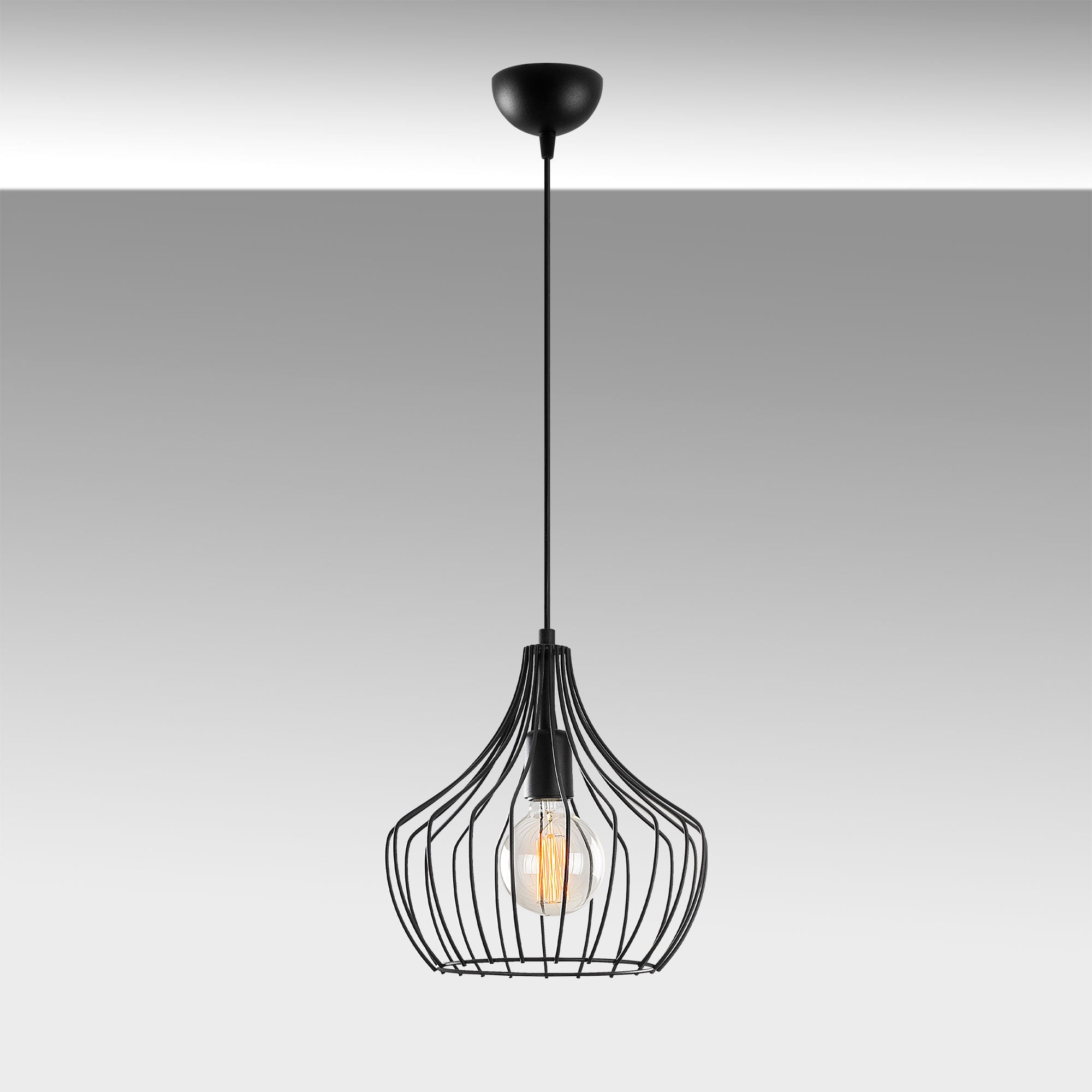 Candeeiro de Teto preto moderno, 27 cm de diâmetro, 126 cm de altura | Corpo de metal, soquete E27, cabo de 90 cm | Design industrial e escandinavo elegante para decoração de casa