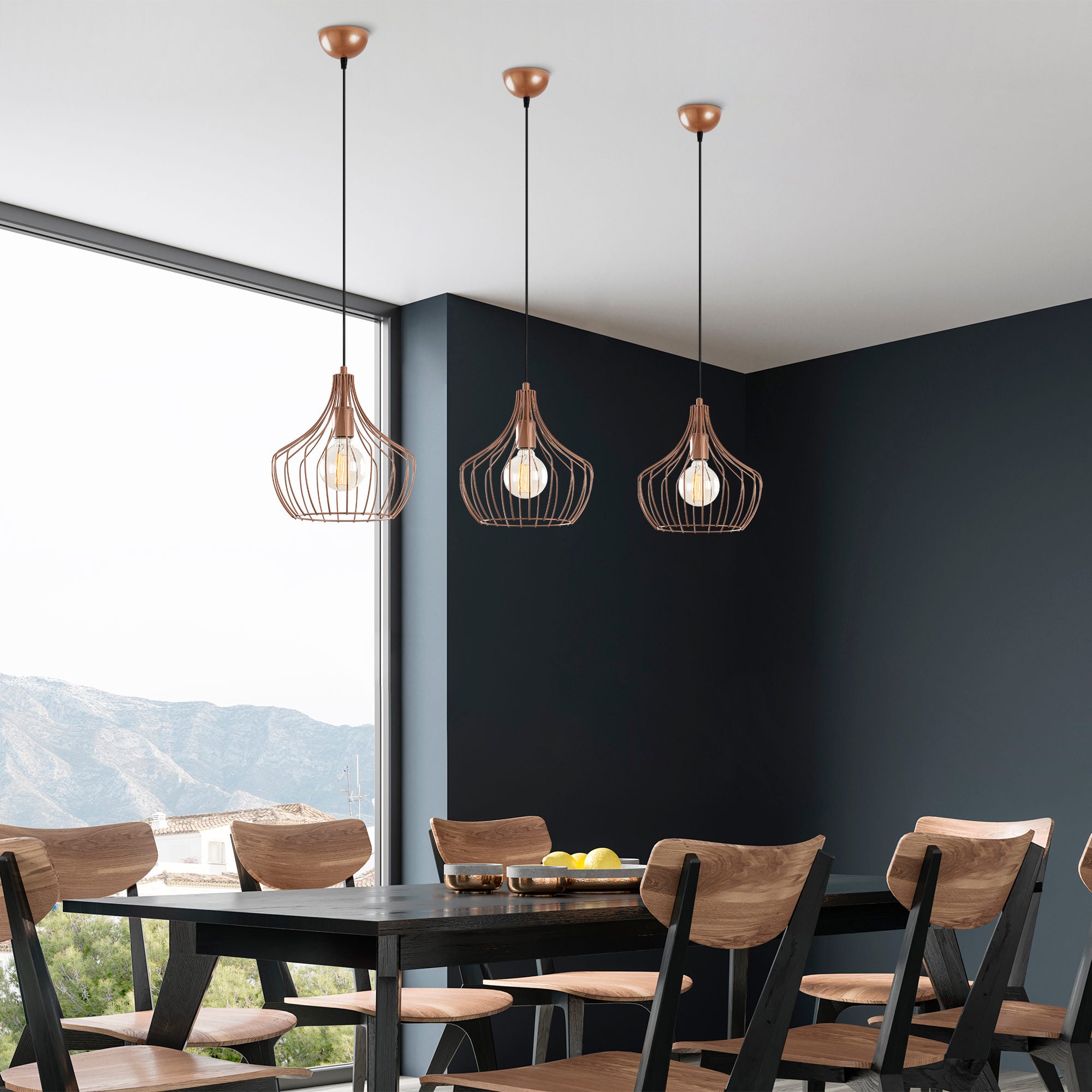 Candeeiro de Teto moderno de cobre, 27 cm de diâmetro, 126 cm de altura | Corpo de metal, soquete E27, cabo de 90 cm | Design industrial e escandinavo elegante para casa