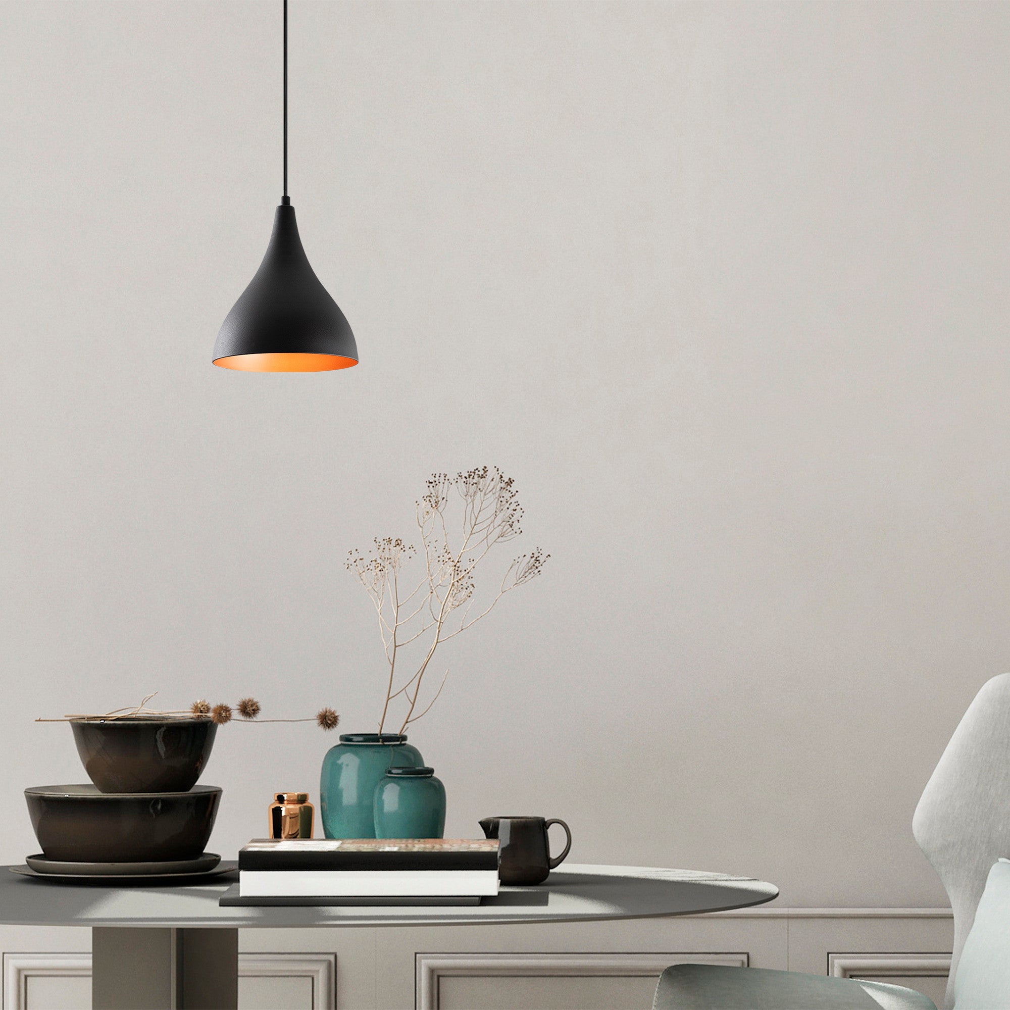 Candeeiro de Teto preto moderno, 22 cm de diâmetro, 122 cm de altura | Corpo de ferro, soquete E27, 40 W máx. | Design industrial e escandinavo elegante para decoração de casa